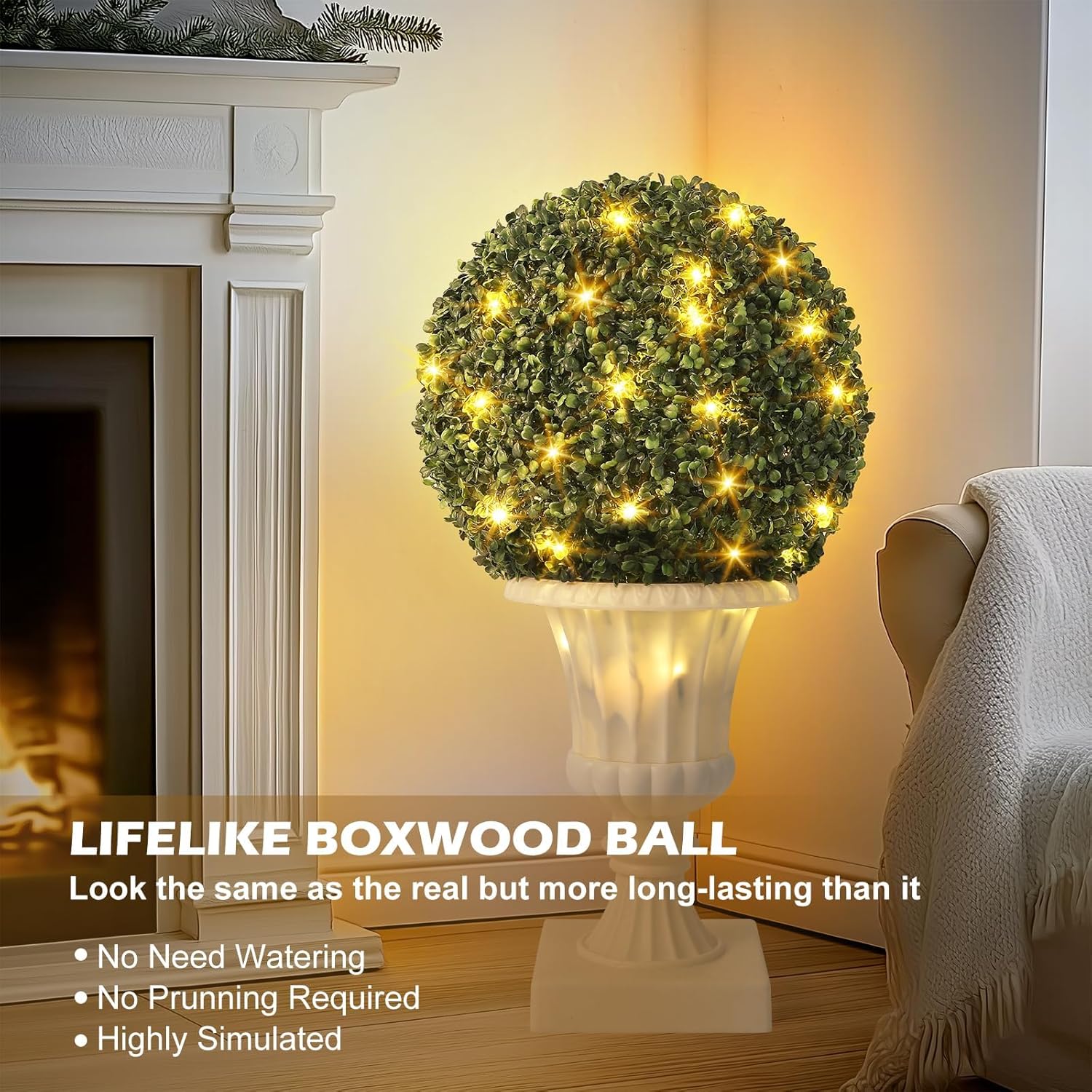 16'' Pre-Lit Topiary Balls with Durable Pot Base (2-Pack), Boxwood Balls with 40 LED, 8 Lighting Modes, Battery Operated for Backyard Wedding Holiday Decor, White