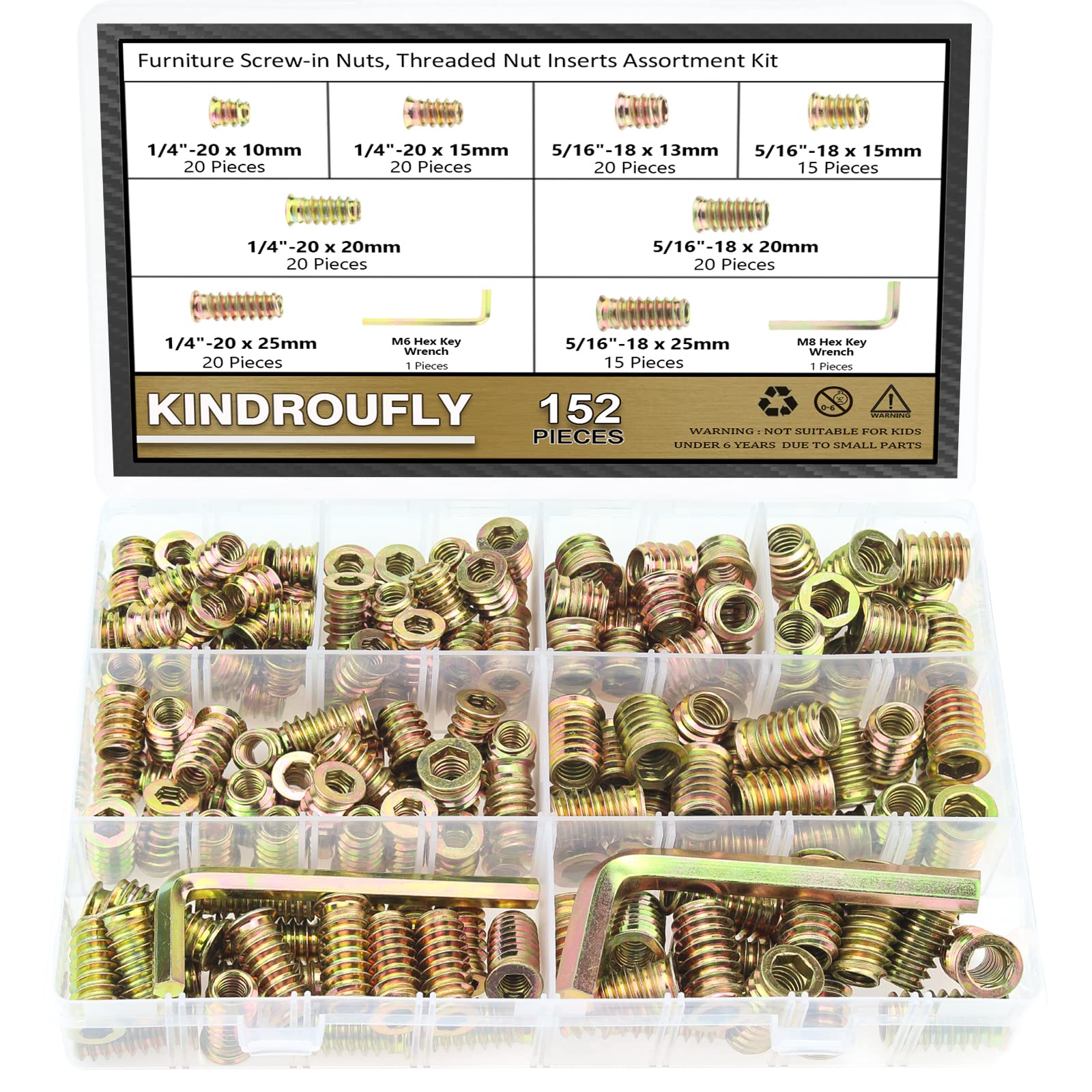 152 Pieces 1/4"-20, 5/16"-18 Threaded Inserts, Nut Inserts, Wood Inserts, Steel Threaded Inserts Assortment Kit for Wood Furniture Screw