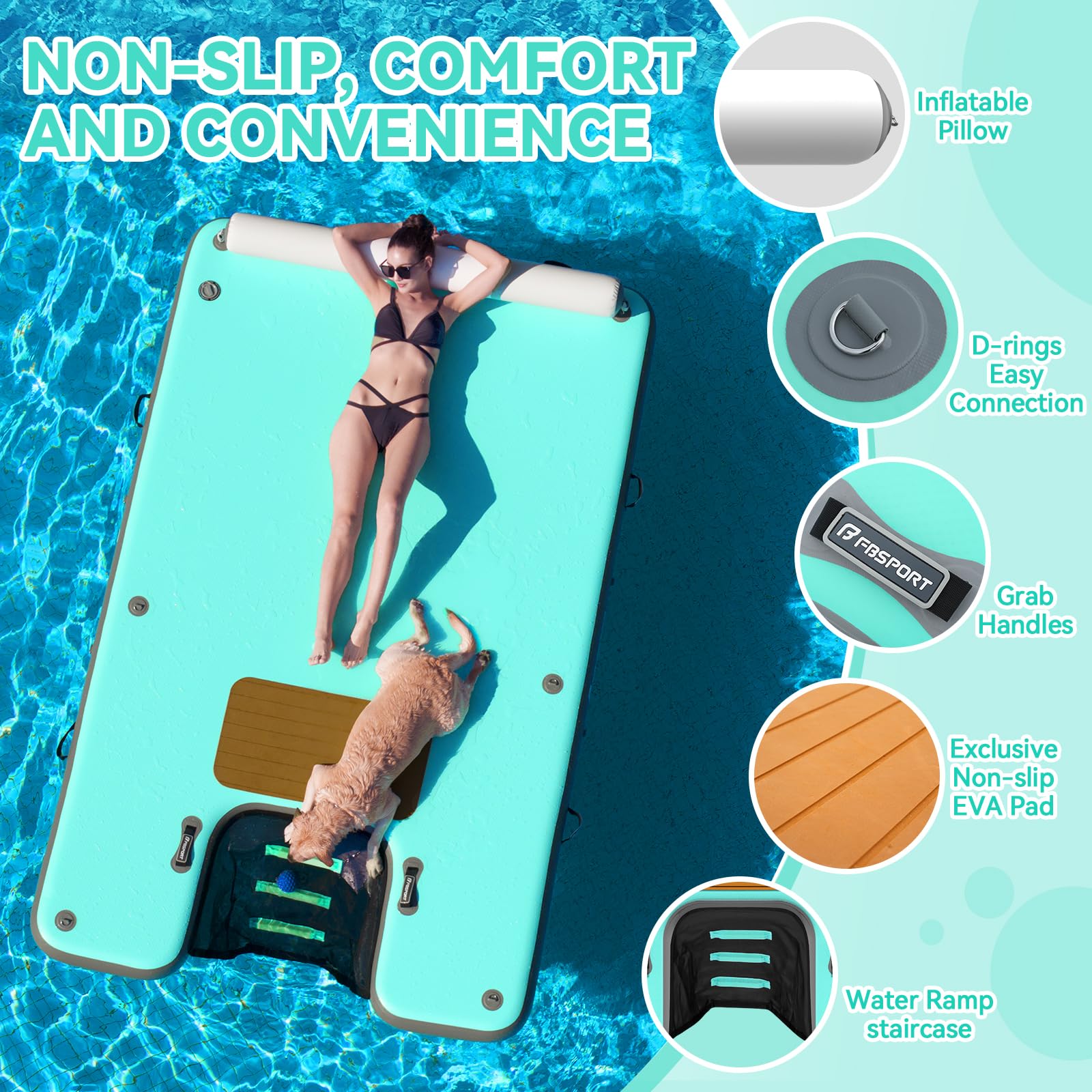 FBSPORT Aufblasbare Schwimmplattform mit Hunderampe, rutschfeste Luft-Schwimmplattform mit Wasserleiter und Kopfstütze, Aufblasbare Wasserinsel für Pool, See, Strand und Meer