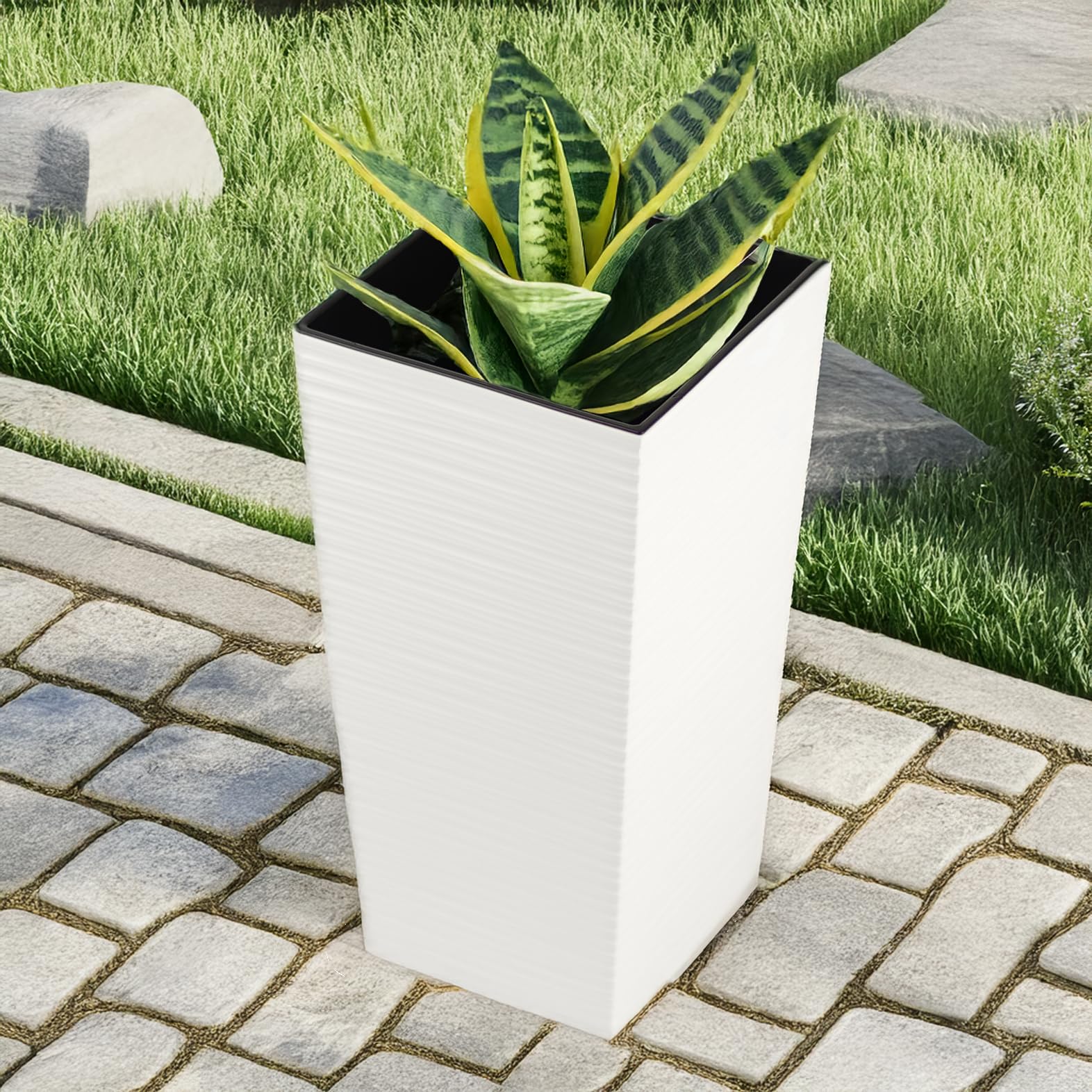Set Vasi da Fiori con Inserto Bianco - Effetto Rattan & Plastica Riciclata - 37/47/57 cm - Grande, Robusto & Decorativo