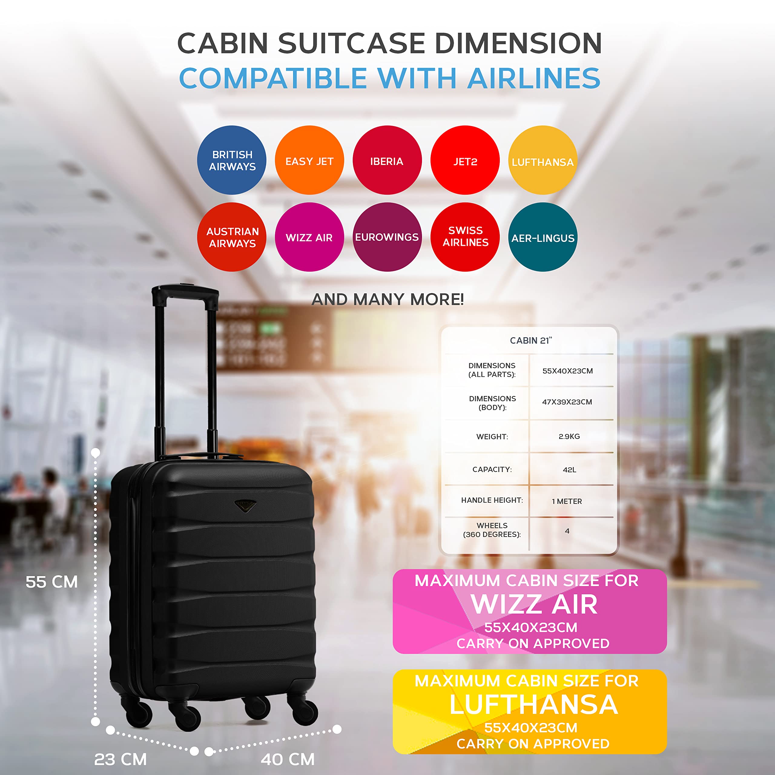 Flight Knight Valigie Rigide in ABS Leggere a 4 Ruote - Bagaglio a Mano Approvato per Oltre 35 Compagnie Aeree Come British Airways, Easyjet E Dimensioni Massime per Lufthansa 55 X 40 X 23 Cm