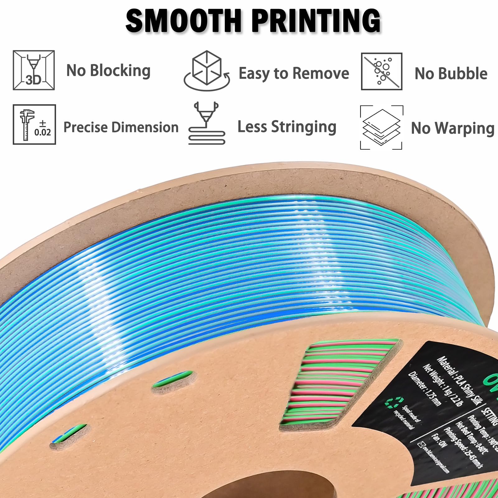 OVV3D Filament PLA 1,75 mm trójkolorowy, filament do drukarki 3D, jedwabny filament PLA, tęczowy filament PLA z jedwabnym PLA, błękitny, różowo-czerwony i zielony, filament do drukowania 3D +/-0,02