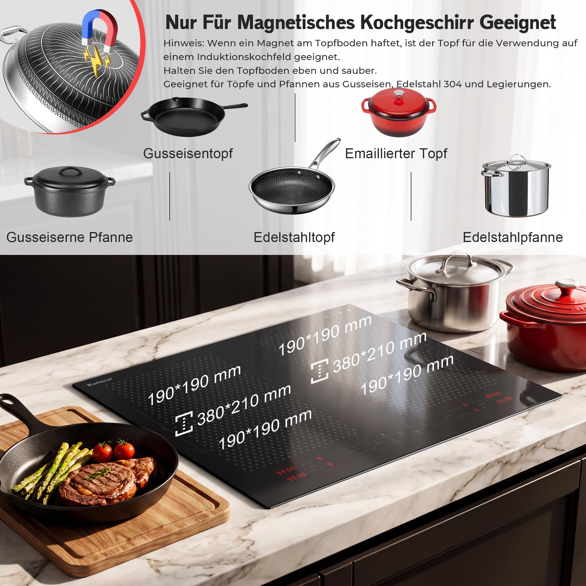 Karinear Induktionskochfeld 60 cm, 7200W Autark 4 Platten Flex Zone Boost | Einbau ohne Stecker, Touch Slider, Timer, Pause, Sicherheitsverriegelung und 9 Leistungsstufen für flexible Küche