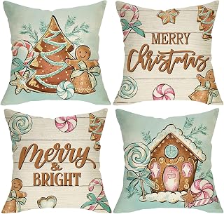 Merry Christmas Gingerbread Decorative Throw Pillow Covers | 18 x 18 Set of 4, Xmas Tree Cookies Peppermint Candy Porch Outdoor Home Bakery Decor, Winter Holiday Farmhouse Sofa Couch