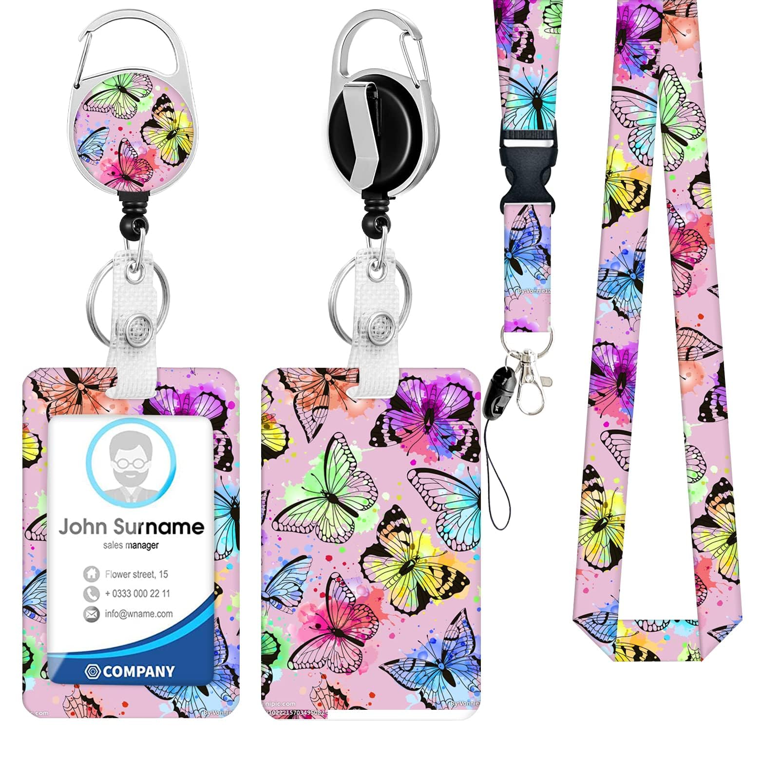 Excefore ID Badge Holder with Lanyard and Retractable Badge Reel Clip, Card Name Tag Lanyard Vertical ID Protector Bage Clips for Nurse Nursing Doctor Teacher Student (Pink Butterfly)