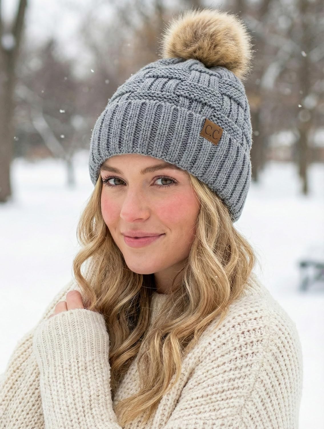 C.C Knit Beanie Hat – Fuzzy Fleece Lined Warm Winter Hat, Faux Fur Pom Soft Stretchy Slouchy Knit Cap, Cold Weather Beanie - Image 3