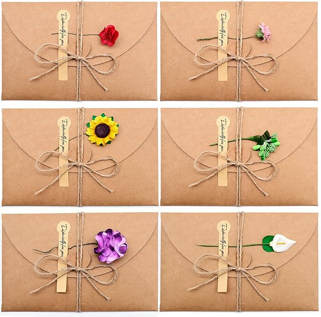 12pcs Greeting Cards with Envelopes, DIY Handmade Retro Kraft Paper Dried Flower Decorated Gift Card, Exquisite Design and Simple Rtyle