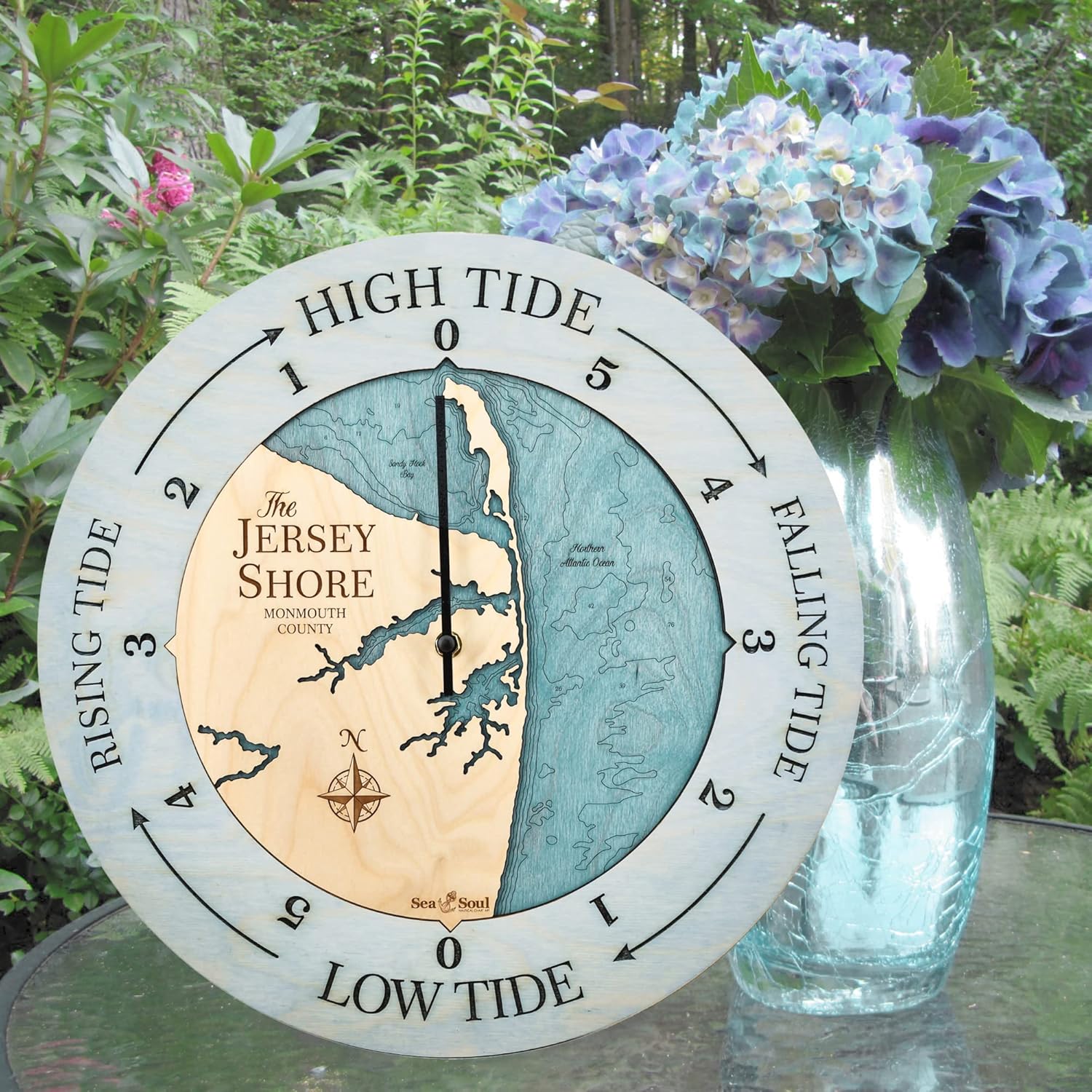 Sea & Soul Jersey Shore Tide Clock, 3D Water Depth Tidal Clock, Nautical Map High Tide Clock, Fisherman Gift, Coastal Décor, Nautical Décor (Driftwood/Blue Green)