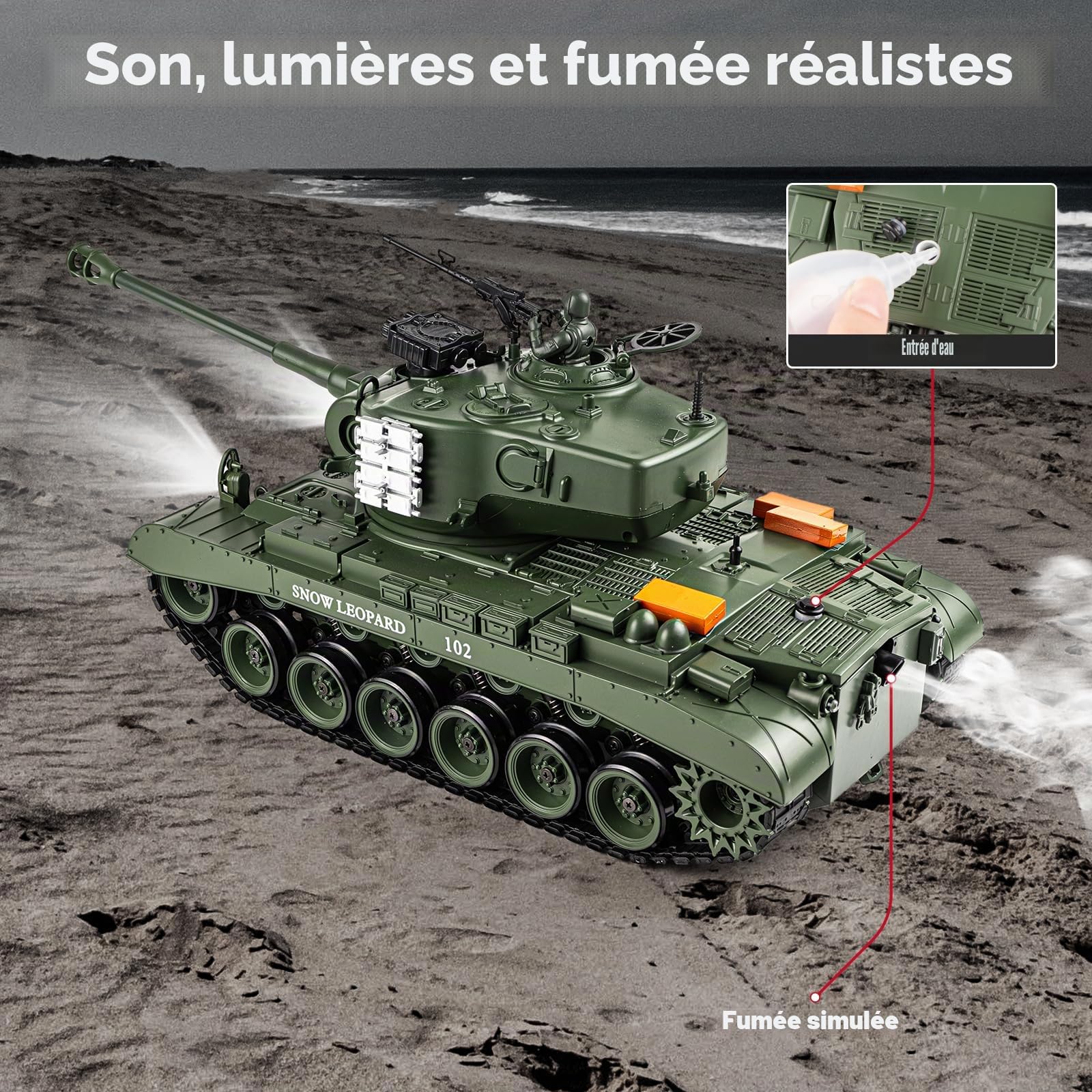 Supdex Tank Telecommande US M26, Char Télécommandé 1/18, Vert Armée Réservoir Télécommandé 2.4Ghz, Maquette Char Jouets avec Fumée, LumièRes, Réservoir Tir, Recul pour Enfants et Adultes