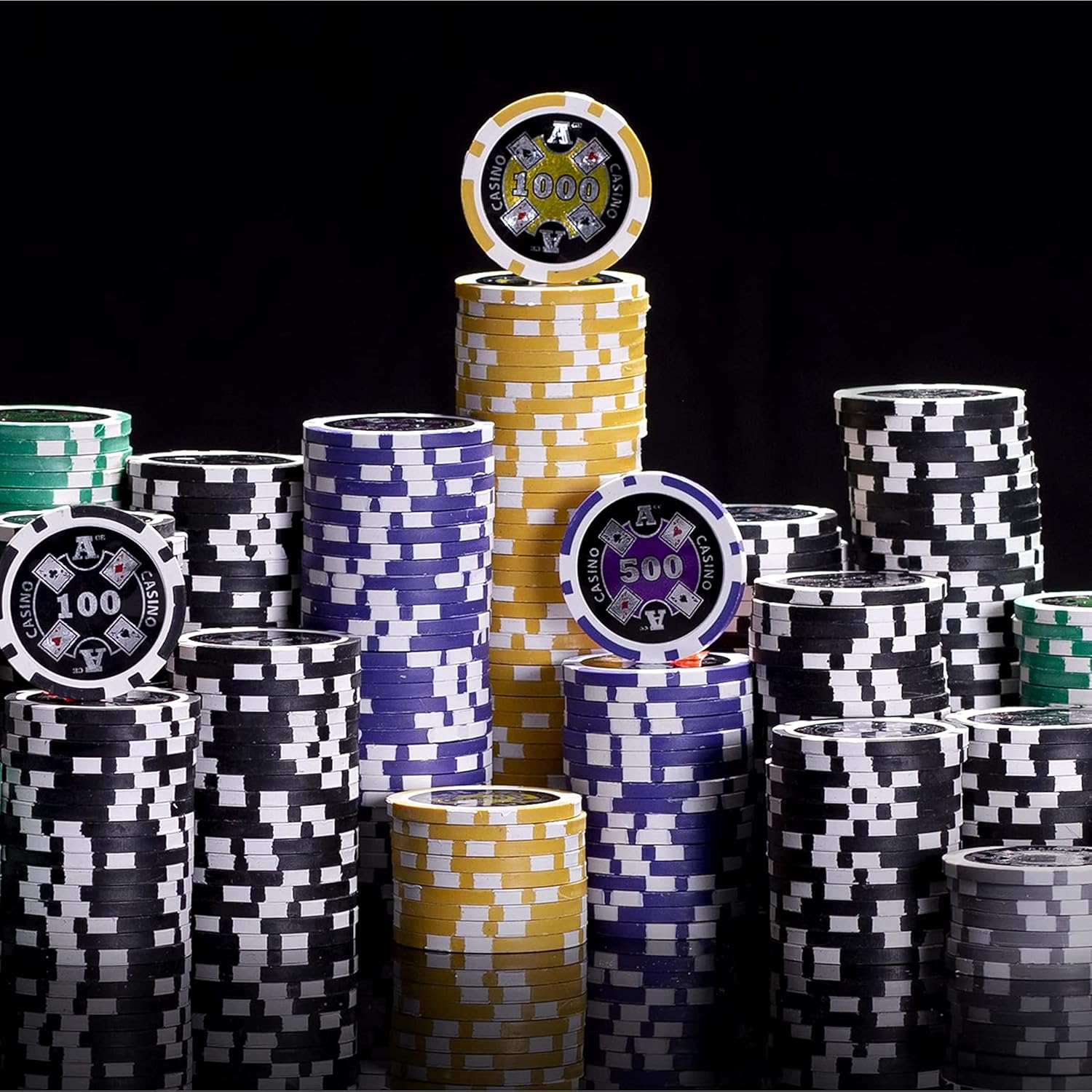 Brybelly Ace Casino Poker Chips Set - 1000 Heavyweight (14-Gram) Clay Composite Chips, Acrylic Display Case and Holders - Professional Supplies, Kits, Holders, & Storage Container