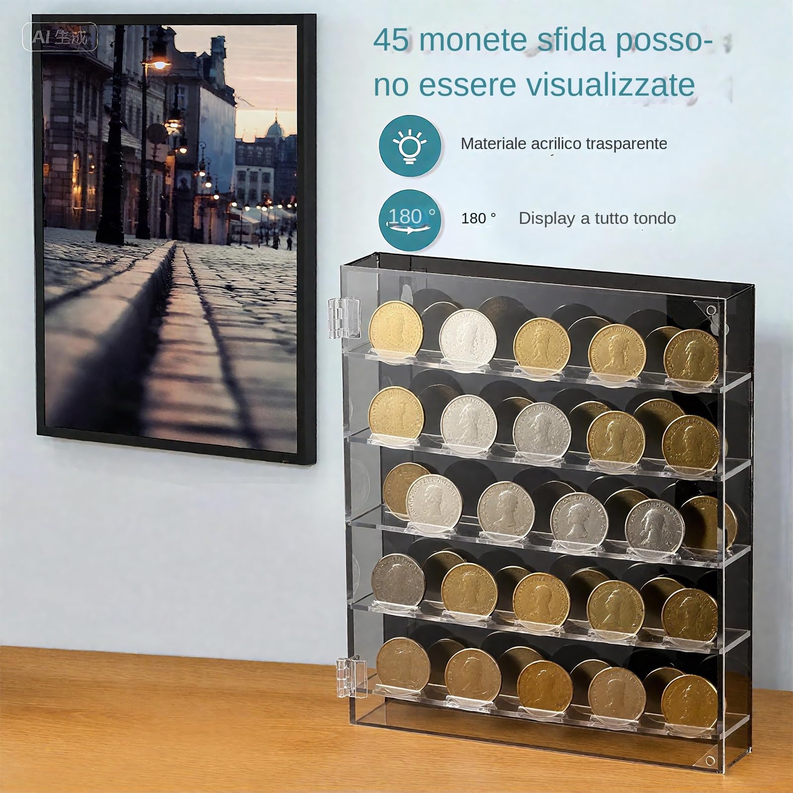 Generico Porta Challenge Coin, Mobiletto Tondo in Acrilico Trasparente per Monete con Ripiani Estraibili, da Collezione per Medaglie Distintivi Bottoni Esposizione da Scrivania o da Parete