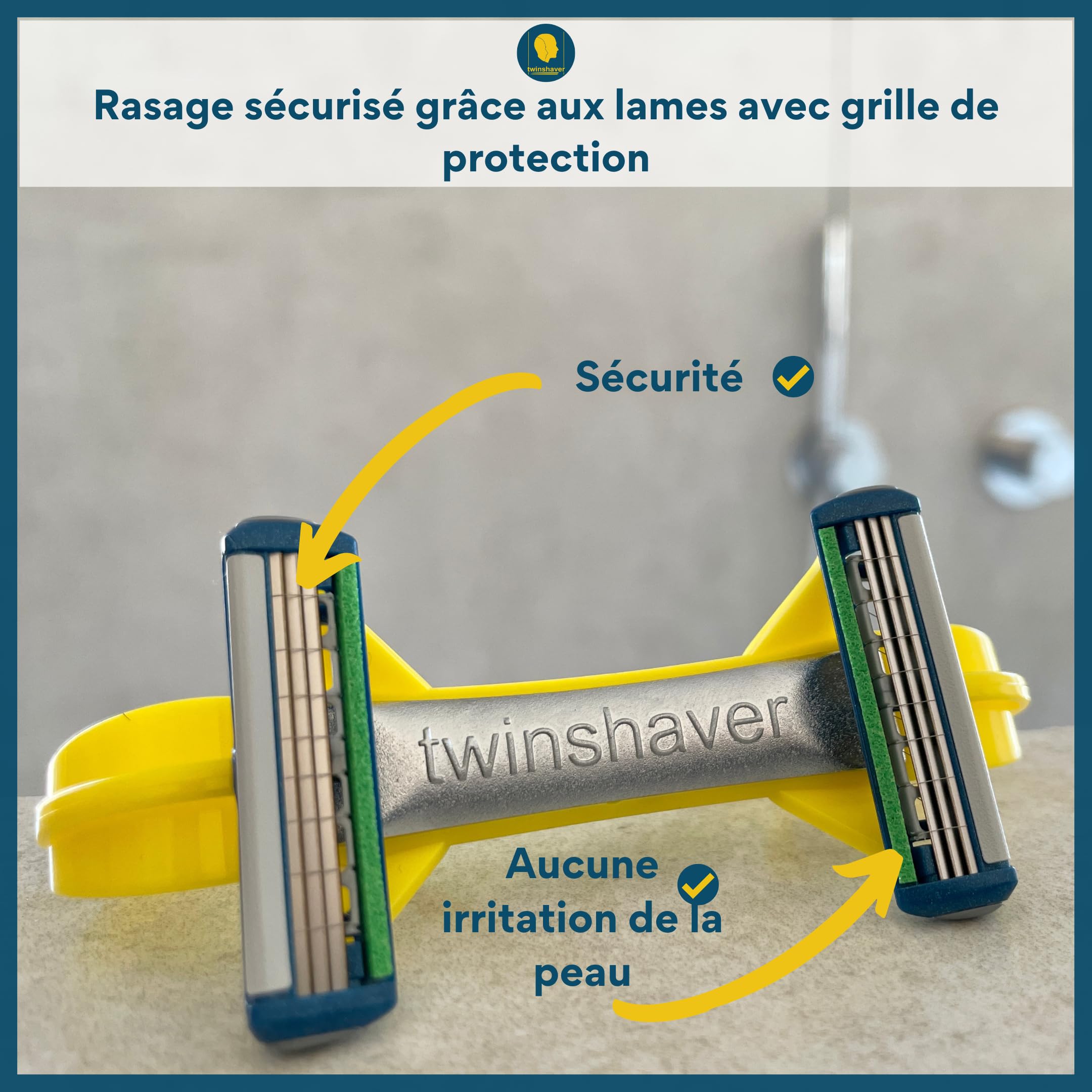 twinshaver rasoir pour crâne chauve + 4 lames de rechange, protection contre les coupures et 80% de gain de temps, corps & tête, rasoir sur zone humide (0mm) pour hommes et femmes (jaune)