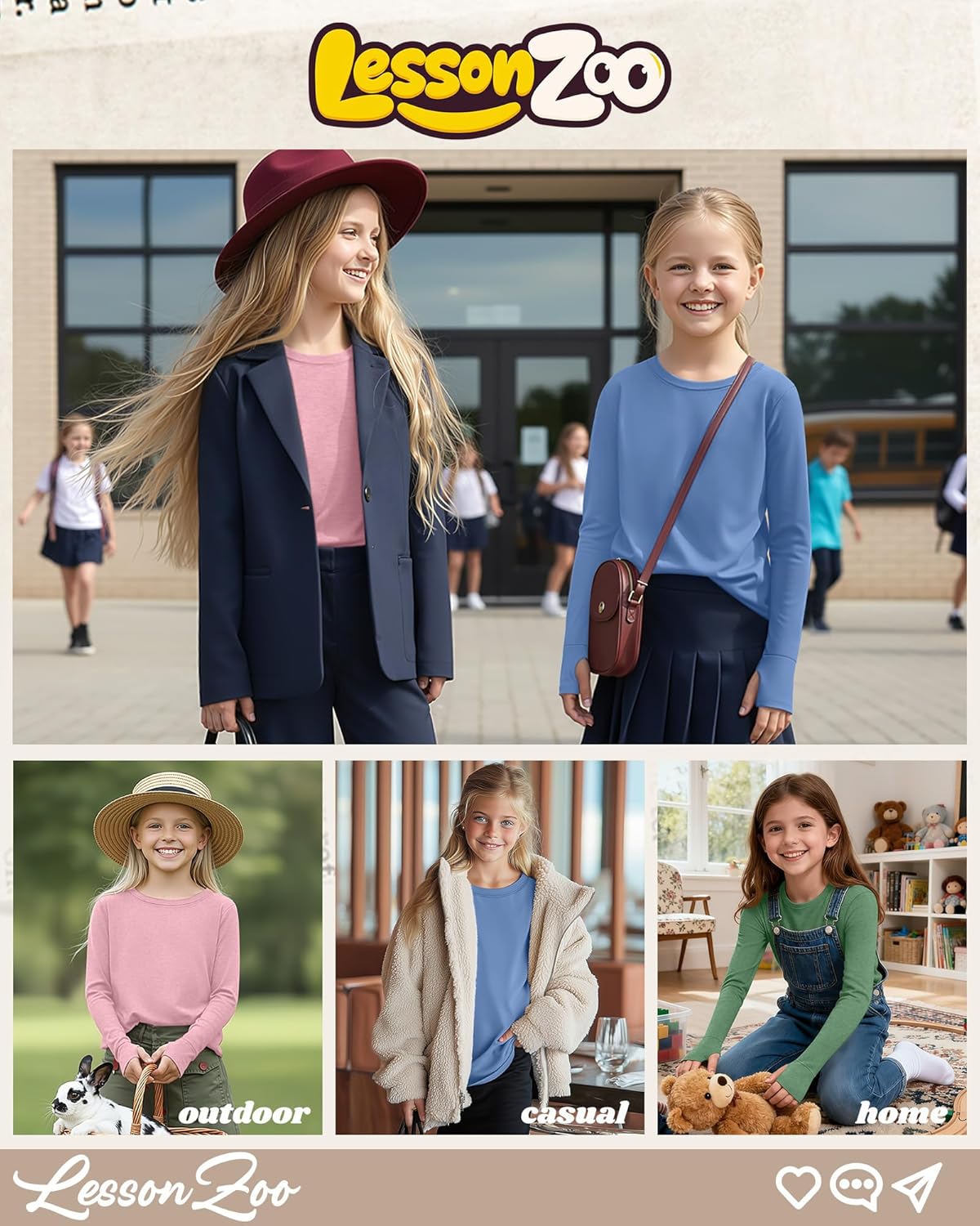 3 Pack Girls' Long Sleeve Shirts with Thumb Holes Cotton Crew Neck Layering Tees Casual Basic Soft Tops 5-14Y