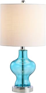 JONATHAN Y 20.5" Aqua Glass Table Lamp Modern Bedside Nightstand Light | Transitional Style, White Linen Drum Shade, Chrome Finish Metal Accents, Rotary Switch, UL Listed, LED Bulb Included