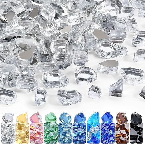 GasSaf 12 Inch Fire Glass Reflective Tempered Fireglass Cut Crushed FireGlass for Fire Pit, Fireplace and fire Pit Table (10 Pound)(Crystal Ice