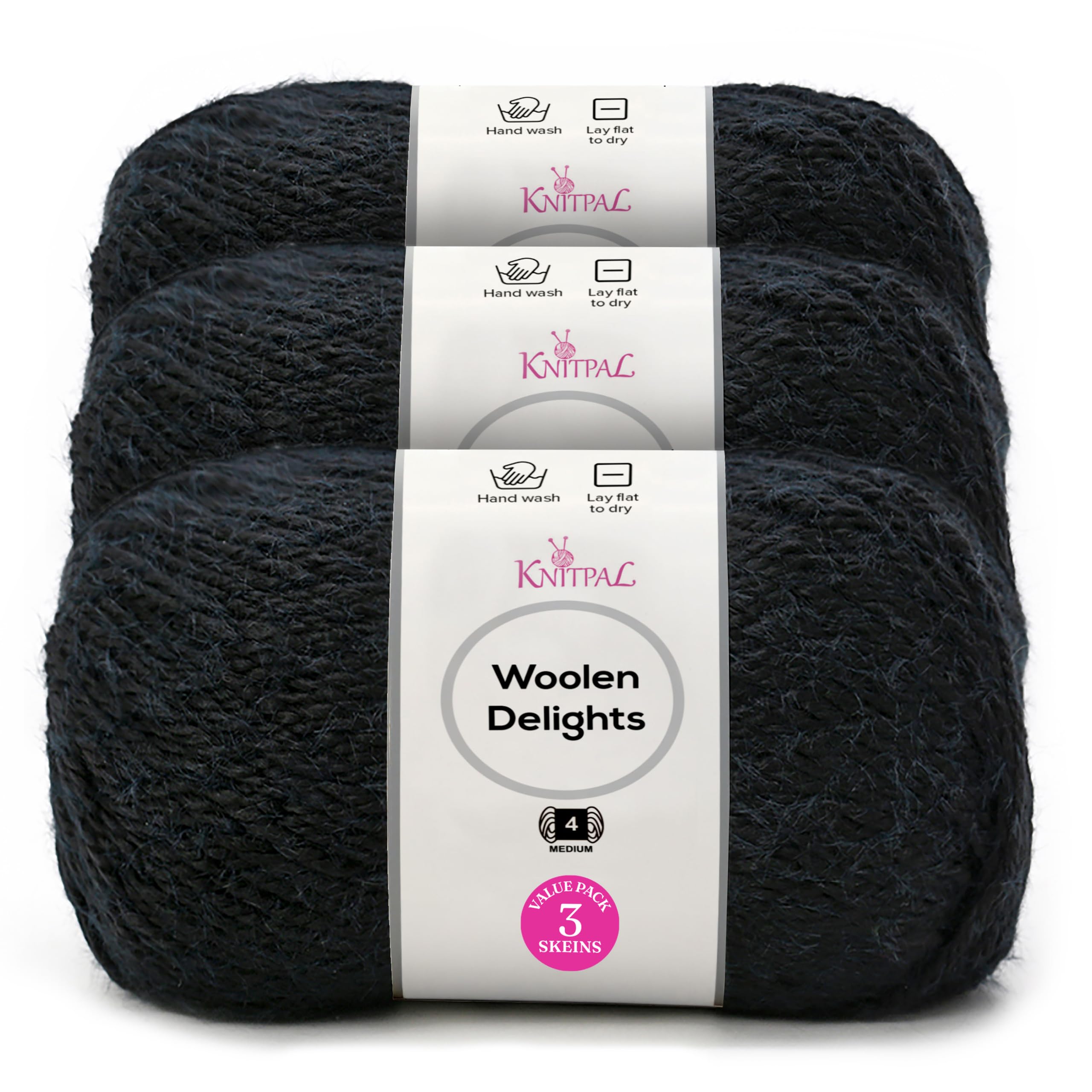 Woolen Delights Soft Wool Yarn for Crocheting, 3-Pack (522Yds / 300G), Free Patterns - #4 Medium Aran/Heavy Worsted Weight Wool Yarn for Knitting - Black Onyx