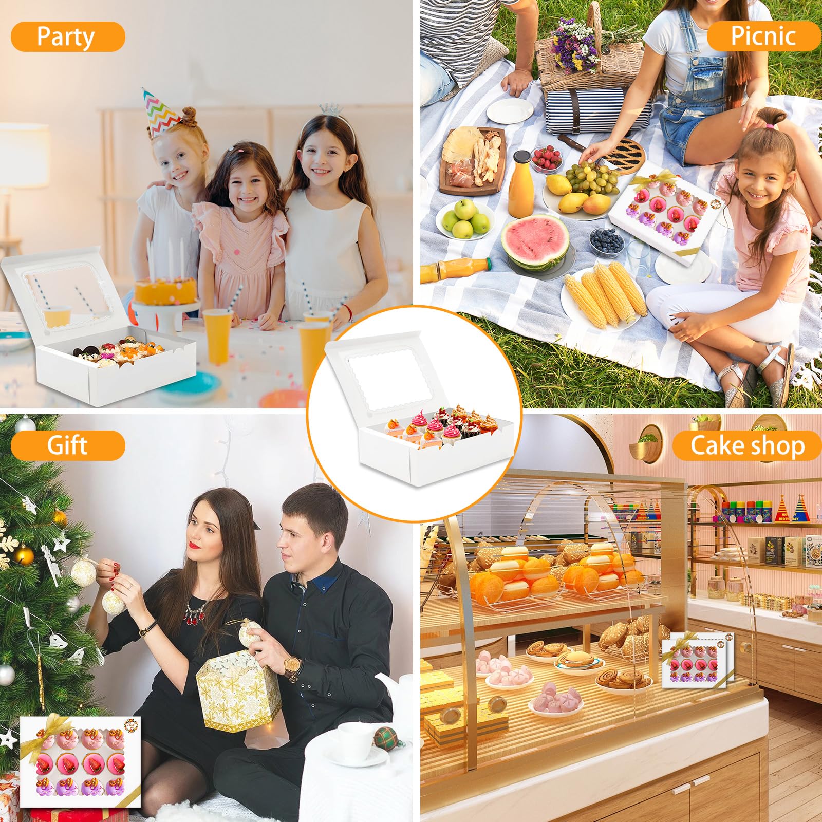 UCAMP 16 Pezzi Scatole per Cupcakei,Scatola per Muffin con Finestra,Scatole per Dolci con Spago,Adesivi e biglietti d'auguri,per Alimentiper Pasticcini,adatta per Natale,Compleanni,Matrimoni