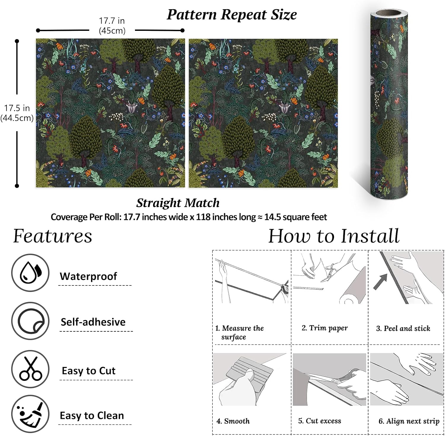 VEELIKE Dark Forest Wallpaper Peel and Stick Moody Woodland Trees Wallpaper for Bedroom Bathroom Accent Wall 17.7''x118'' Removable Botanical Jungle Wall Mural Contact Paper for Cabinets Drawer Liners