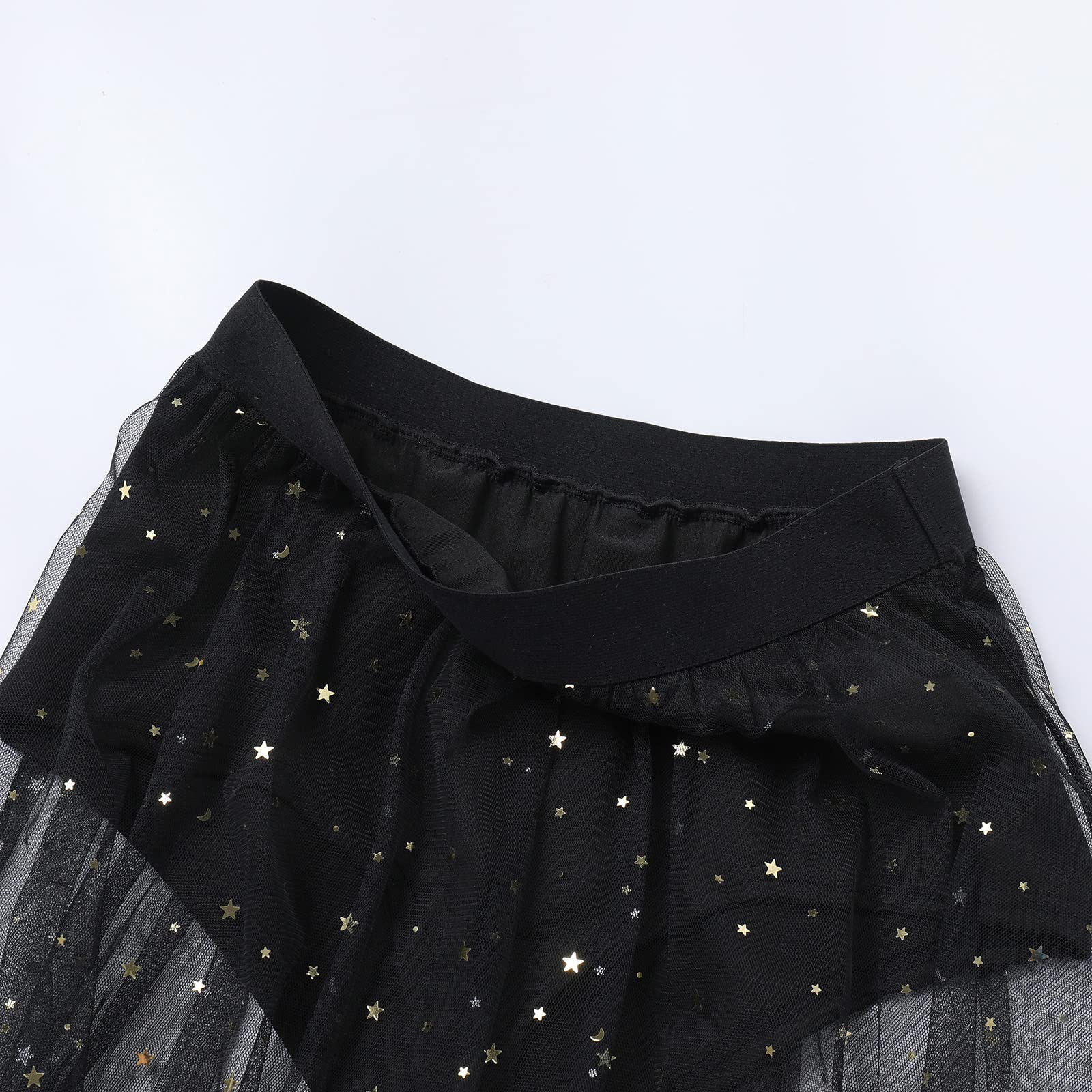 Damen Sexy 2 in 1 Transparent Mesh Rock Shorts High Waist Maxirock Glitzer Sterne Streetwear Clubwear