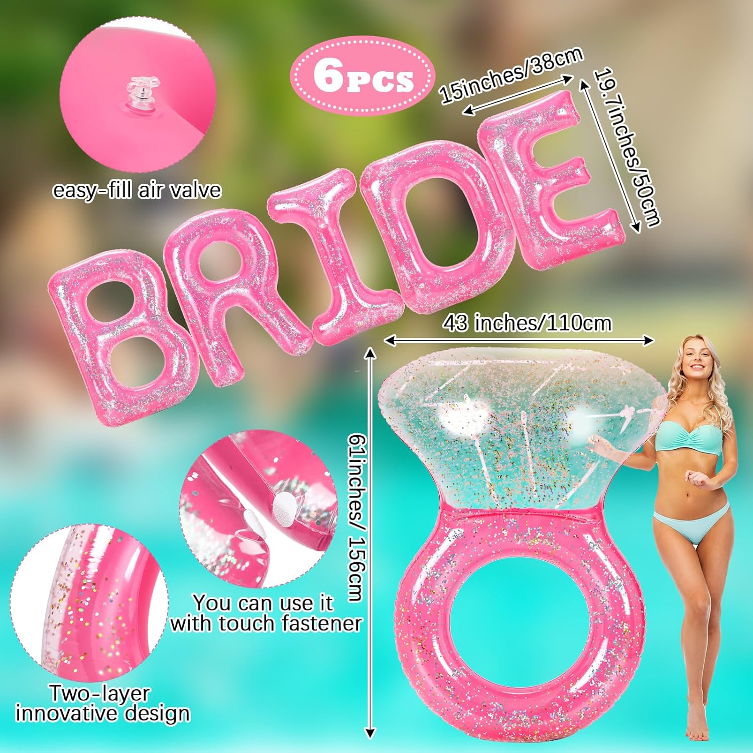 Sumind Bride Bachelorette Pool Floats 61 Inch Diamond Ring Float and 5 Inflatable Bride Letter Pool Pink Engagement Ring Floatie Stagette Decor for Swim Tube Beach Bridal Shower Wedding Outdoor Party