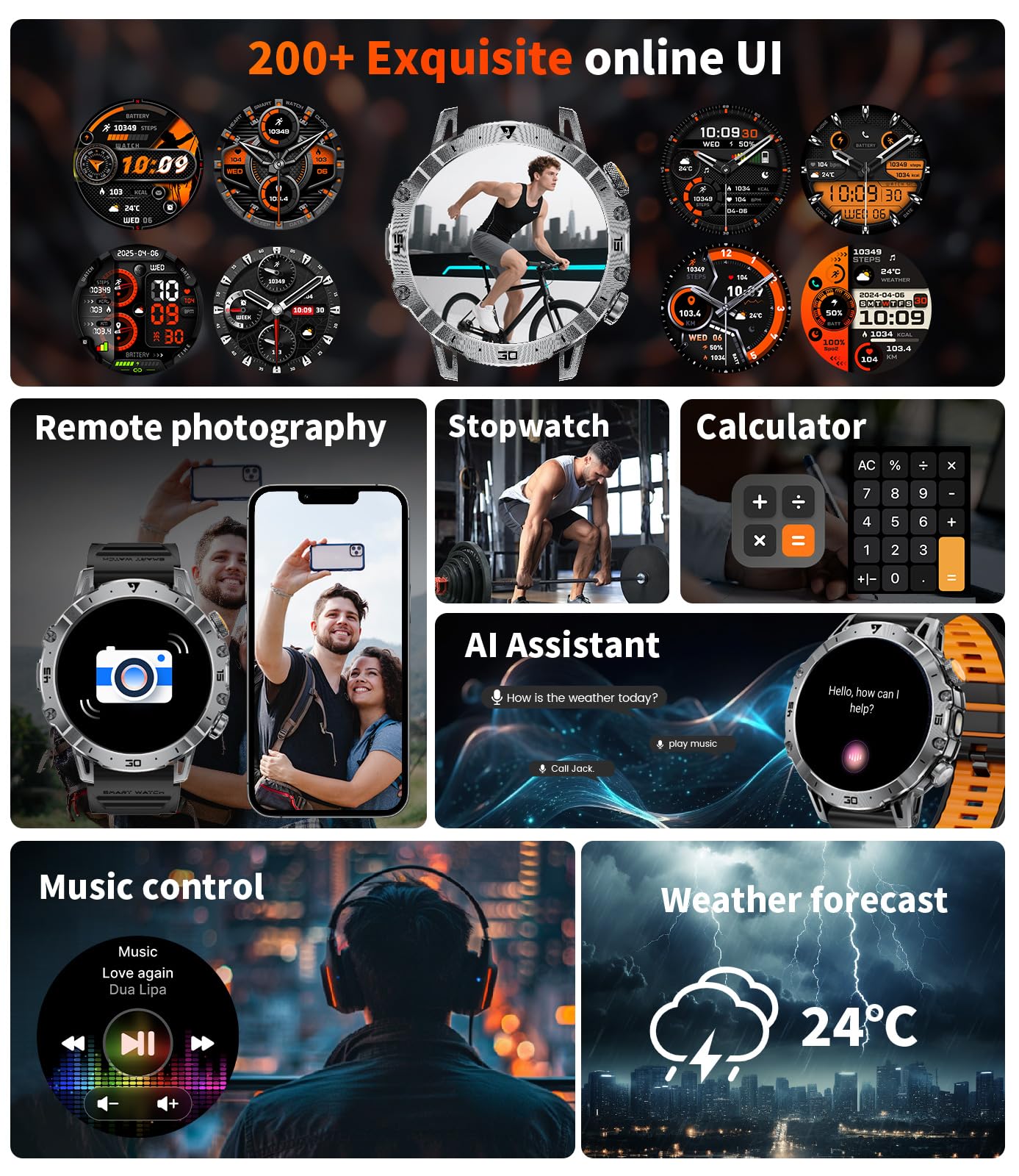 SUNKTA Smartwatch da uomo Militare 1000 mAh grande batteria da 1,7" HD Bluetooth chiamate orologio intelligente per iOS Android con torcia LED, frequenza cardiaca/monitor/contapassi,Nero