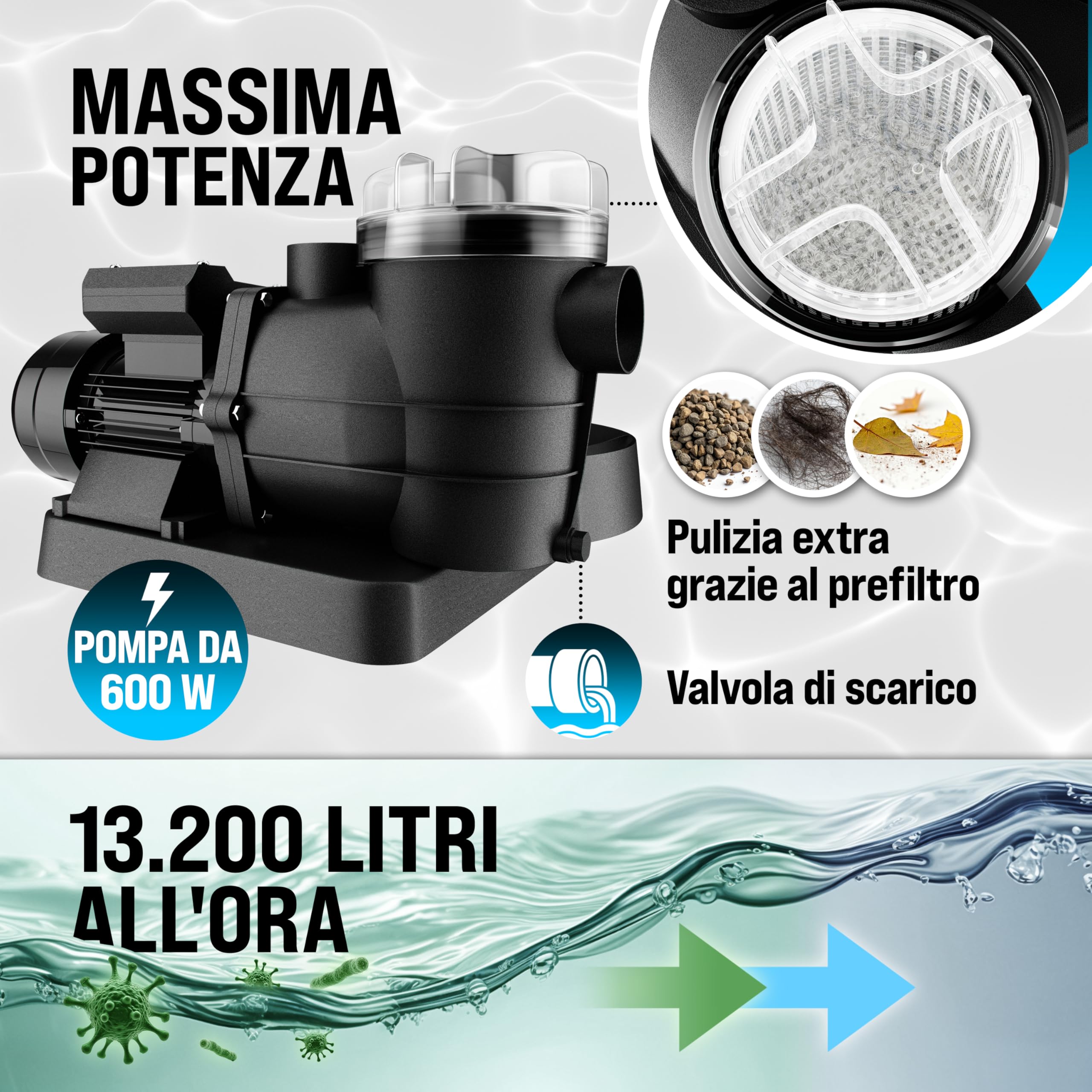 MONZANA® Filtro per Piscina a 7 Vie 11.000 L/h Serbatoio 30L Valvola 7 Vie Sfere Filtranti da 700g