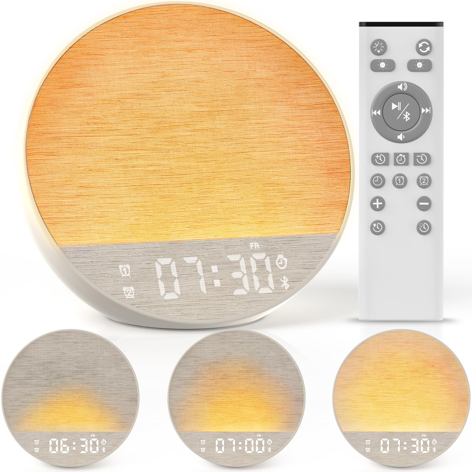 Dynamic Sunrise Alarm Clock with Bluetooth Speaker Remote Control Dual Alarms Tap-to-Snooze Display Off Mode 36 Sounds 15