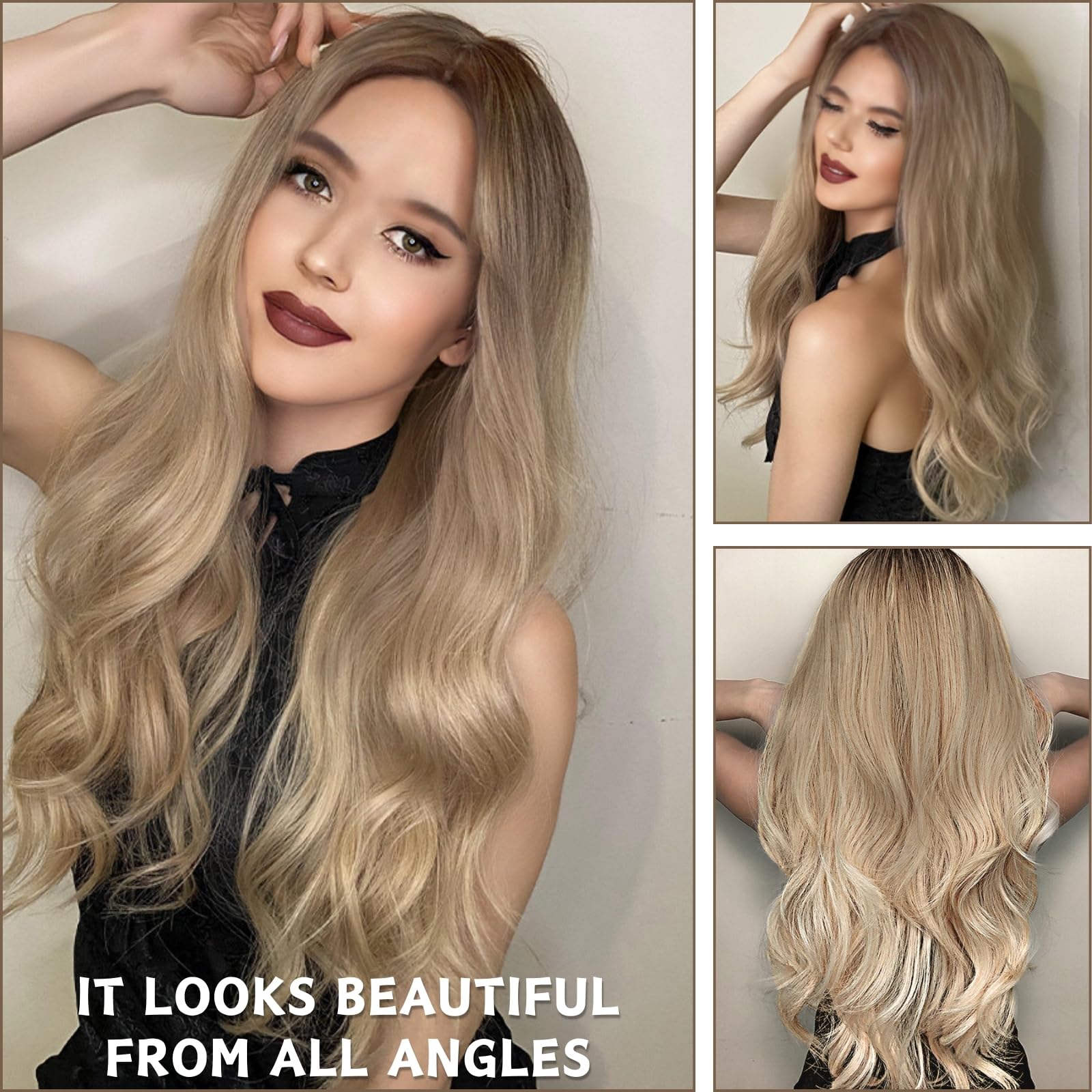 LUFFLOK Long Wave Ombre Brown to Blonde Wigs for Women 27’’ Long Curly Wigs Heat Resistant Natural Ombre Wig with Wig Net Synthetic Hair Wigs for Ladies Fancy Dress Party Cosplay Daily Use (Blonde) - Image 2