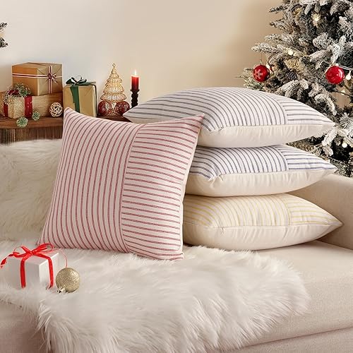 Miniatura 4 de Fundas navideñas para cojines de 16 x 16 pulgadas, juego de 2 fundas cuadradas modernas, decorativas, con diseño de rayas amarillas y beige en