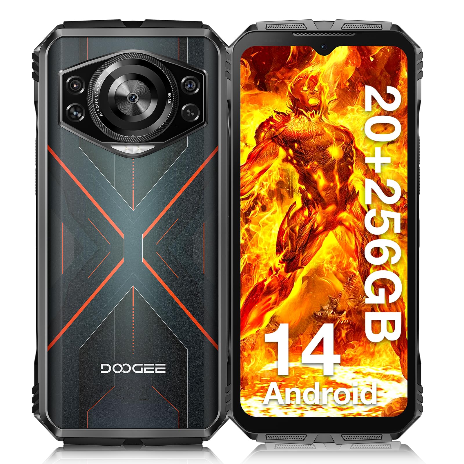 DOOGEE S cyber Rugged Smartphone, 20GB RAM + 256GB ROM, 10800mAh Telefono Indistruttibile, 6.58”FHD Telefono Rugged, 50MP+16MP+5MP Android 14 Octa-Core, Face ID/Fingerprint/NFC/OTC/GPS, Nero Rosso