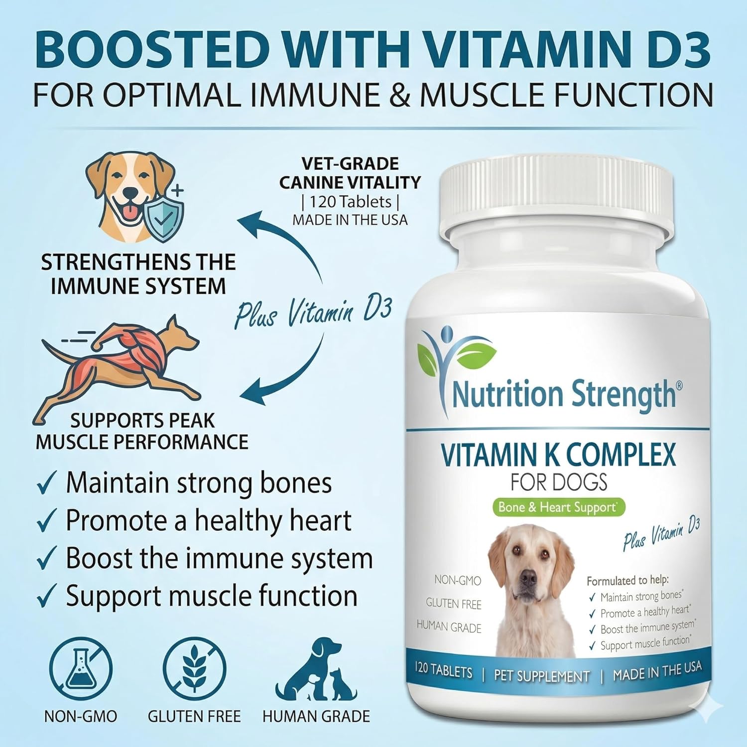 Vitamin K for Dogs - K1 & K2 (MK4 + MK7) + Vitamin D3 for Bone Health, Heart Support & Calcium Absorption - Advanced Formula for Strong Joints, Muscle & Immune Support - 120 Tablets