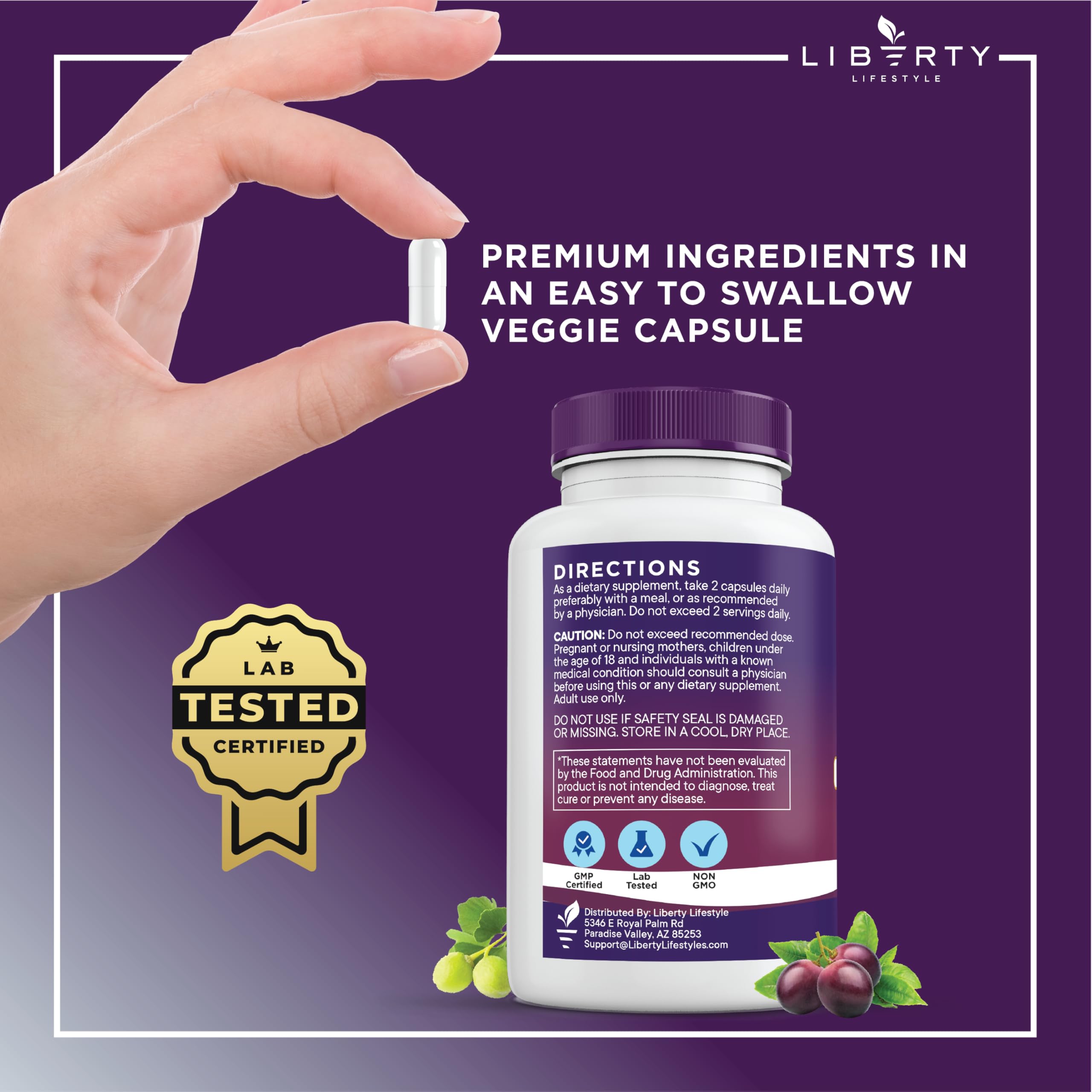 Liberty Lifestyle Resveratrol, Berberine, Grape Seed Extract, Quercetin, Polyphenol Supplement for Women and Men with Noni Extract, N-Acetyl Cysteine, Acai Extract - 2-Pack — Amazon image 4