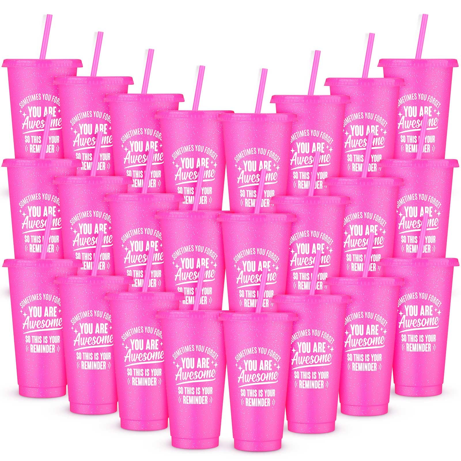 Inbagi 24 Pack Thank You Gifts Bulk You Are Awesome Cups 24 oz Pink Plastic Tumblers with Lids and Straw Inspirational International Women's Day Gift
