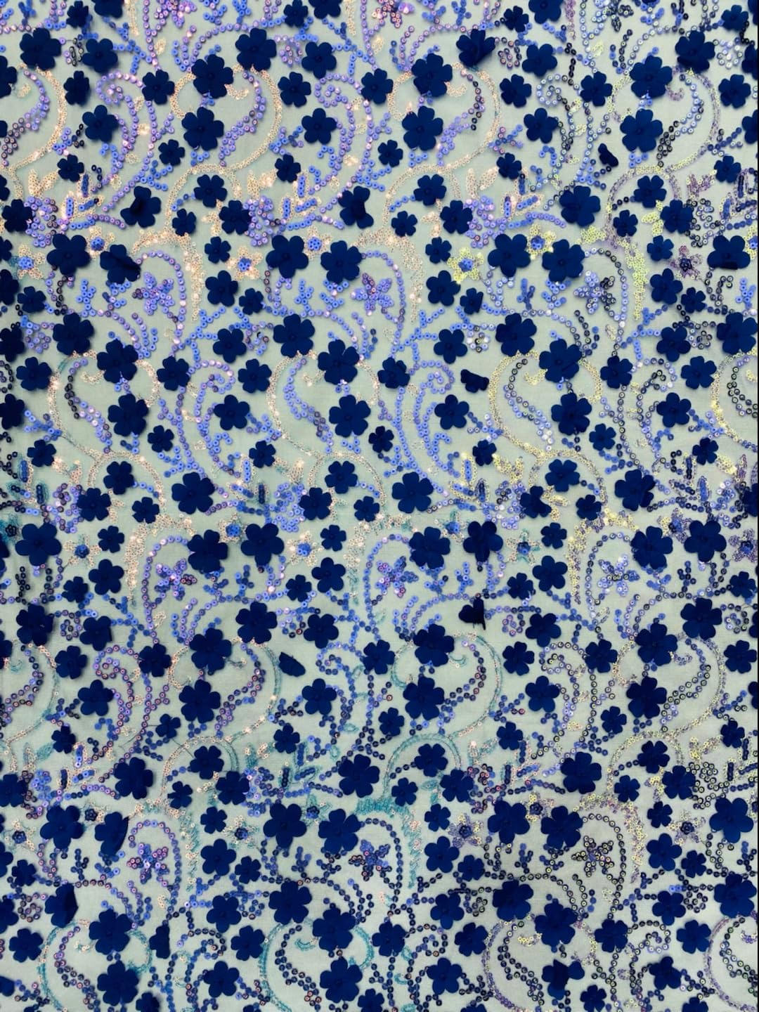 Floral Sequin Embroidered Mesh Lace Fabric with Sheer Base, Delicate Flower Pattern (宝蓝)