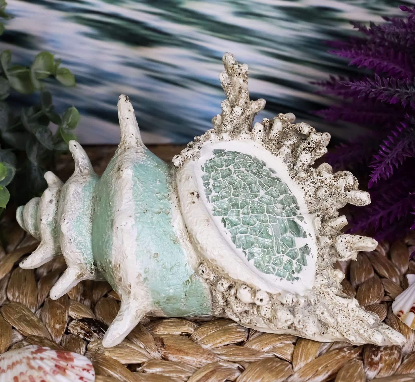 Ebros Large Ocean Sea Shell Conch Statue with Mosaic Crushed Glass 6.5" Long Jumbo Seashells Themed Decor for Wedding Beach Party, Home Decorations DIY Crafts Fish Tank Collectors