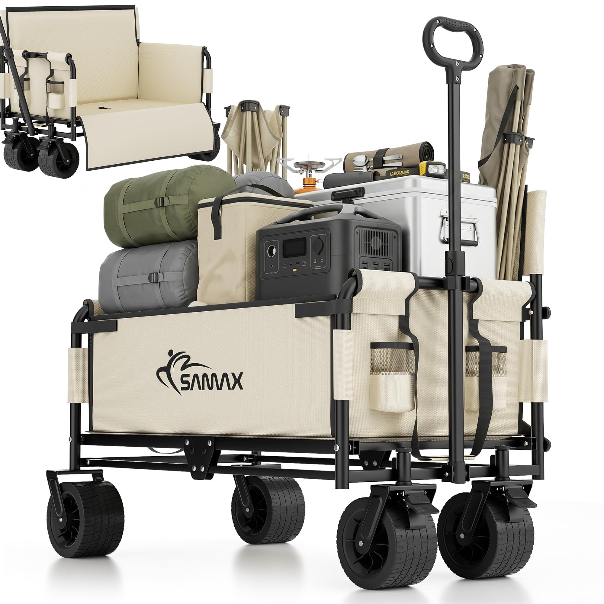 SAMAX Wózek ręczny do 200kg - 2w1 z ławką - Wózek ogrodowy Wózek plażowy Składany składany wózek transportowy Wózek transportowy - Festival Edition Beżowy