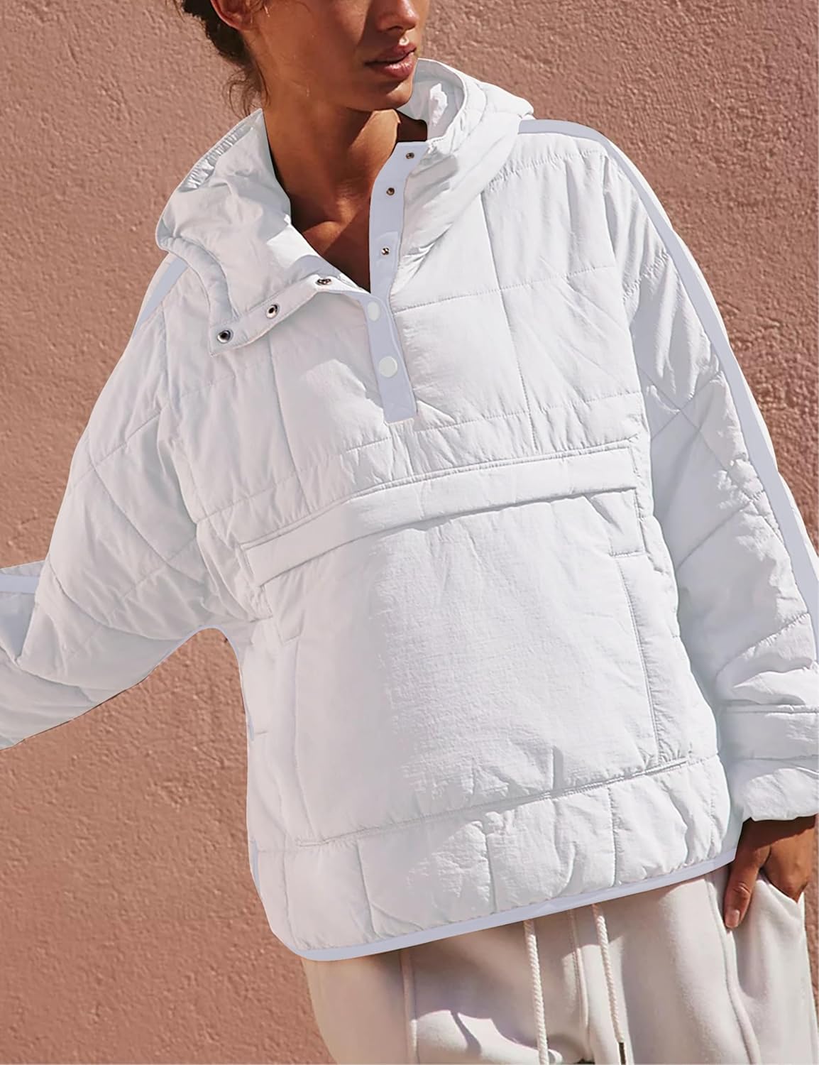 Wanzetaly Womens Quilted Pullover Puffer Jacket Oversized Lightweight Hooded Padded Coat Tops with Pocket - Image 3