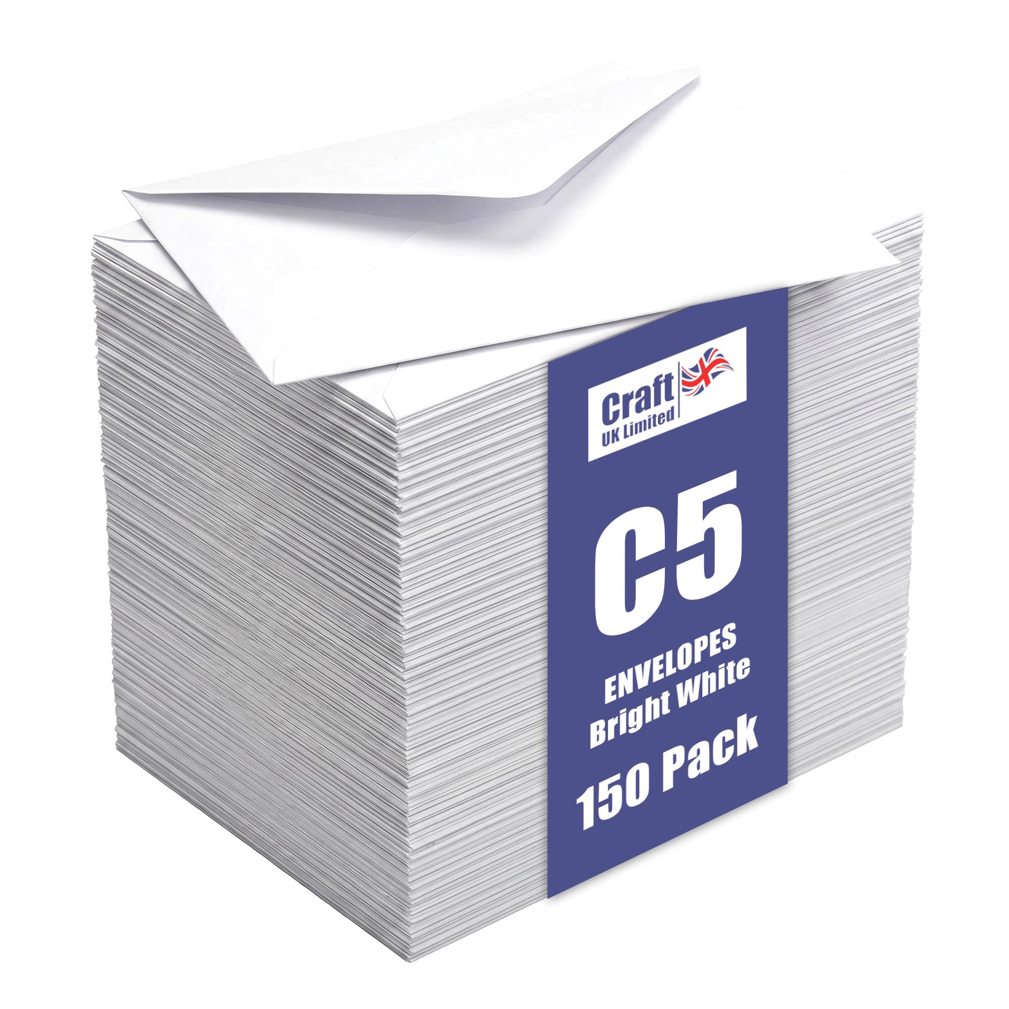 Craft UK, 150 C5 Envelopes for Card Making, Invitations, and More, 100gsm, Made in the UK, Lasting Quality, Bright White