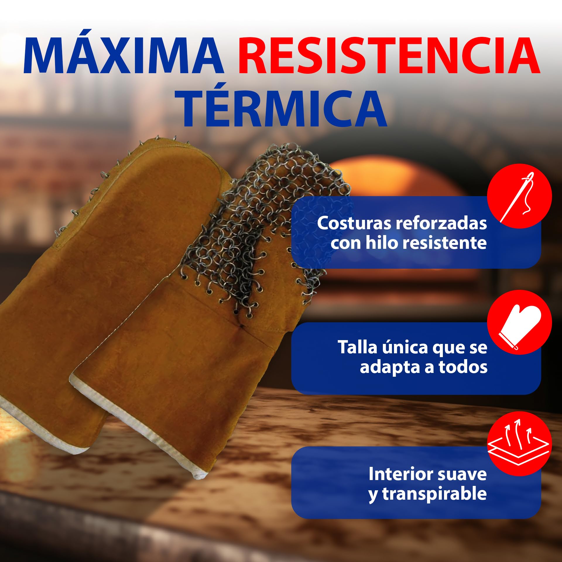BALSAT Manoplas de Cuero con Serraje | para Horno de Cocina Profesional | Resistentes al Calor 500 °C | Manoplas para Barbacoa, Panadería y Cocina Industrial | Protección Térmica y Antideslizante