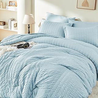 JOLLYVOGUE Light Blue Queen Comforter Set 7 Pieces - Seersucker Bed in a Bag Bedding Set for All Seasons - Soft and Comfor...