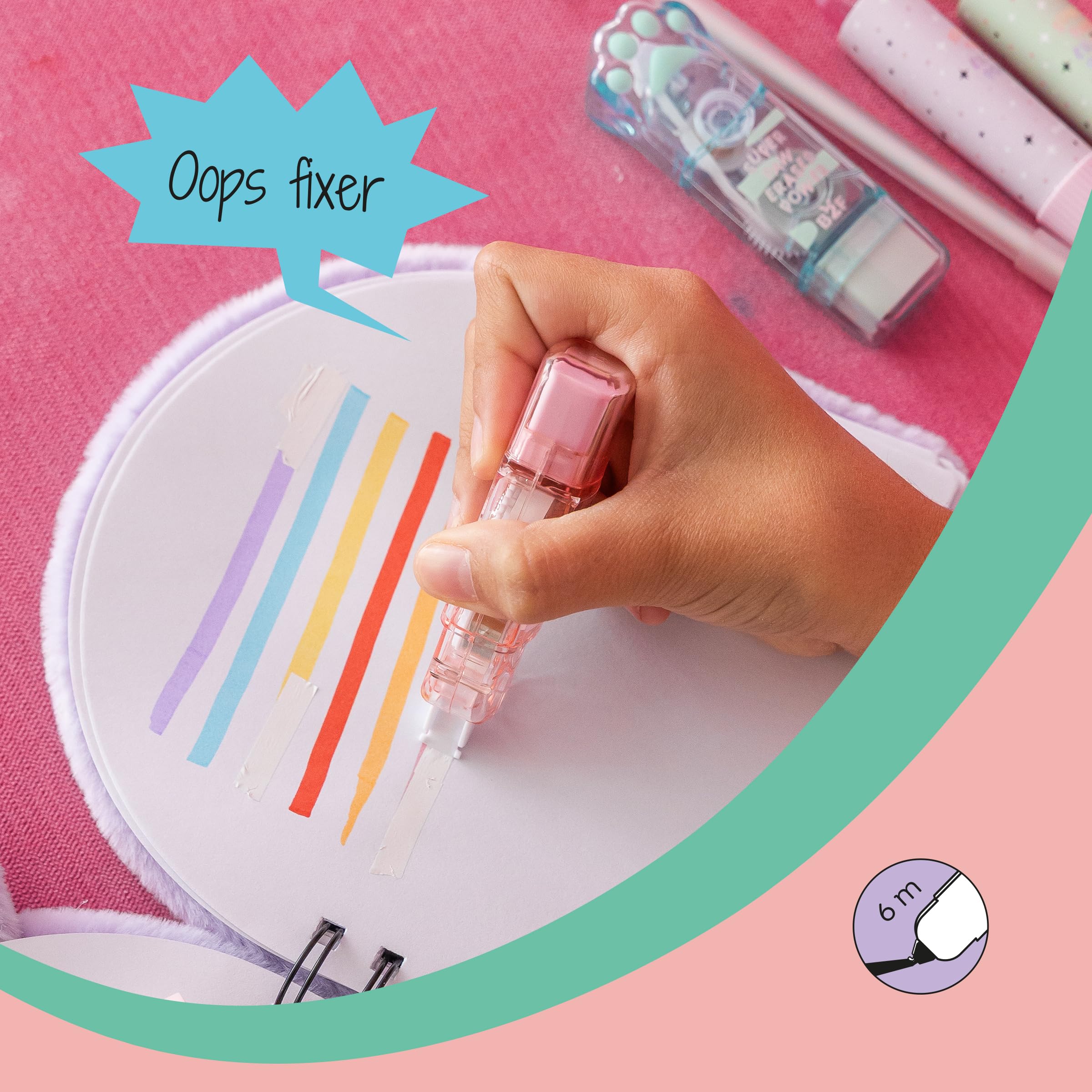 Back2Fun - 2 en 1 Cinta Correctora de 6 metros y Goma de Borrar, Diseño de Patita 3D Con Cuerpo Transparente y Acabado Holográfico, Accesorio para el Estuche y Material Escolar, Rosa