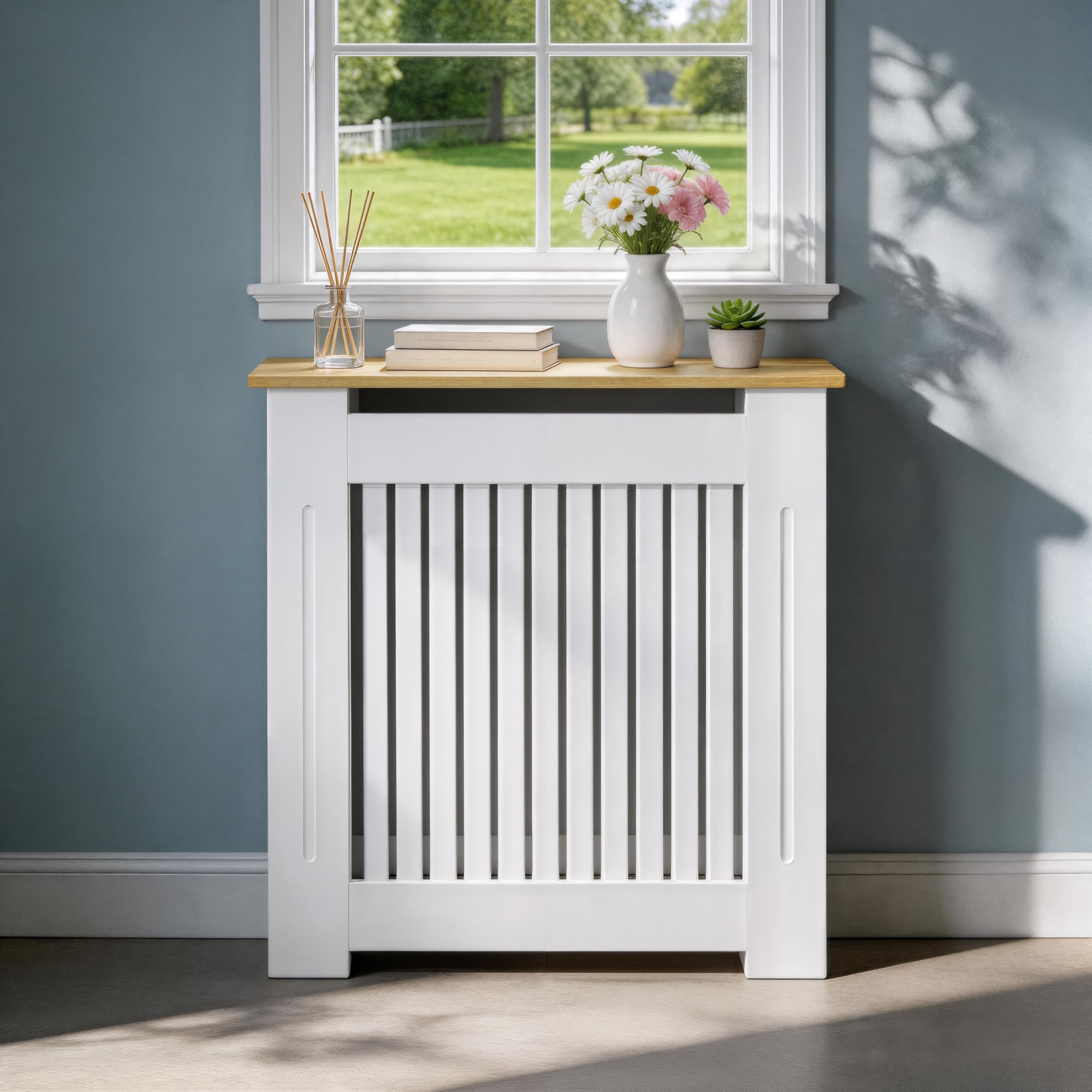 FATIVO Cubre Radiadores Blanco Moderno: 78x20x83 cm Cubre Radiador de MDF, Cubreradiador con Estante de Veta de Madera, Consola Auxiliar para Salón y Pasillo, Diseño Reforzado y Duradero