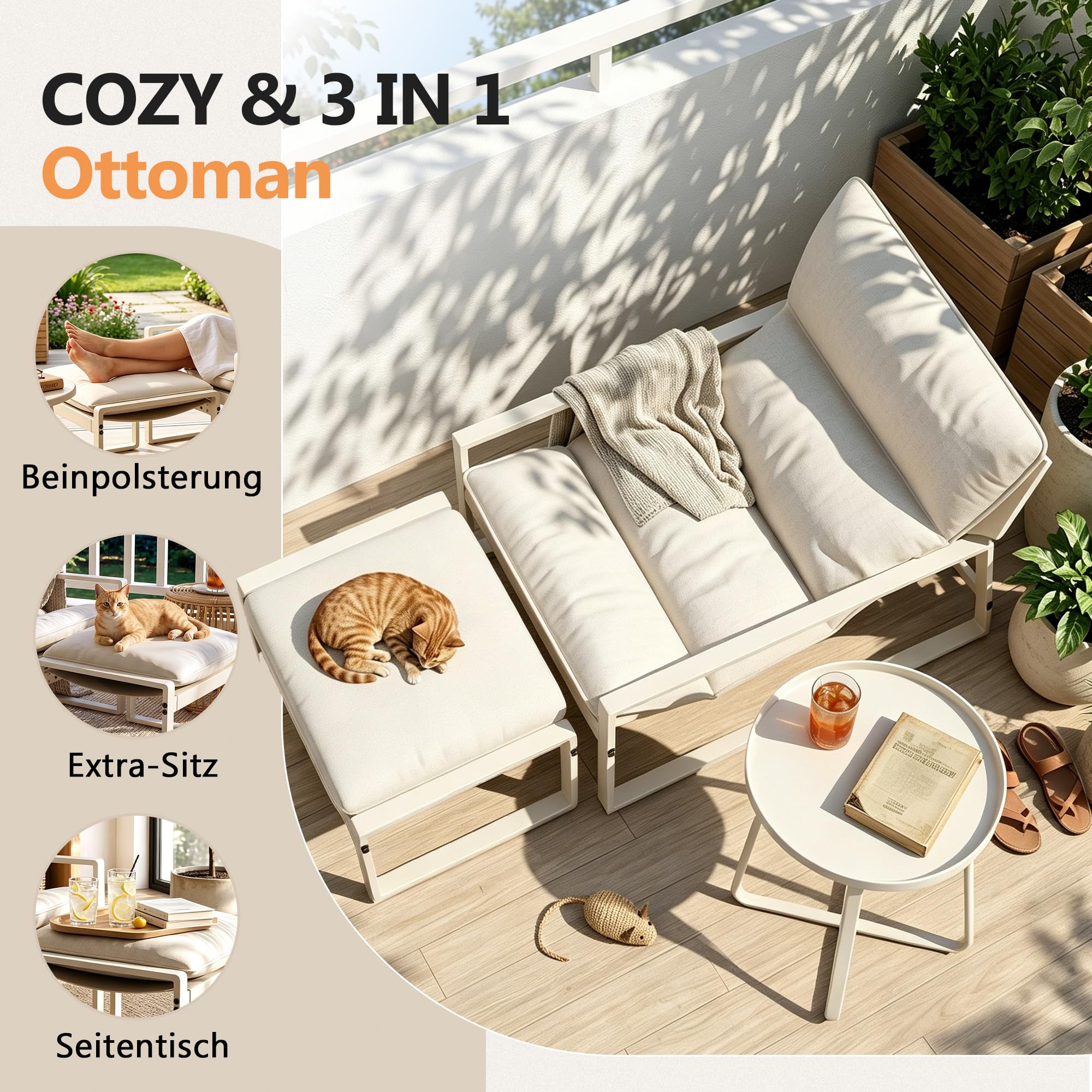 Gotland 8 Stück Outdoor Lounge Set, 2026 Upgrade Set mit 2 Stühle, 2 Ottomane, 4dicken Kissen für Balkon, Garten, Terrassen, Weiches Kissen, für kleinen Raum.Allwetter Outdoor Lounge Set