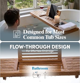AquaTeak 30 Manada Teak Bathtub Tray Caddy - Durable, Water-Resistant Bath Tray for Tub with Foldable Book & Tablet Stand - Fits Standard Soaking Bathtubs - Bathroom Accessories for Spa