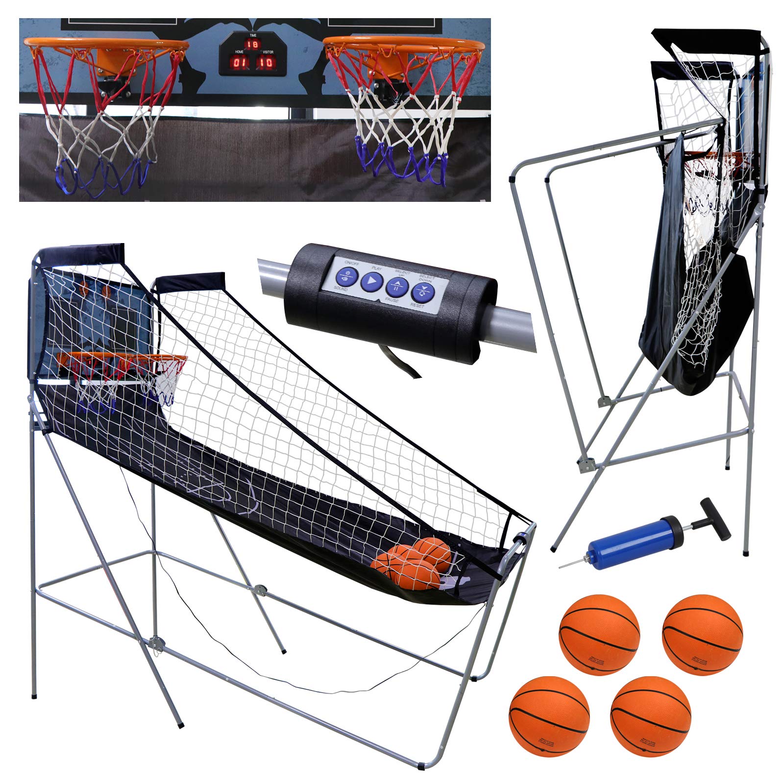 BBBuy Foldable Indoor Basketball Arcade Game Set Double Shot 2 Player Basketball Hoop Machine w/ 4 Balls Electronic LED Scoreboard Inflation Pump for Family Games