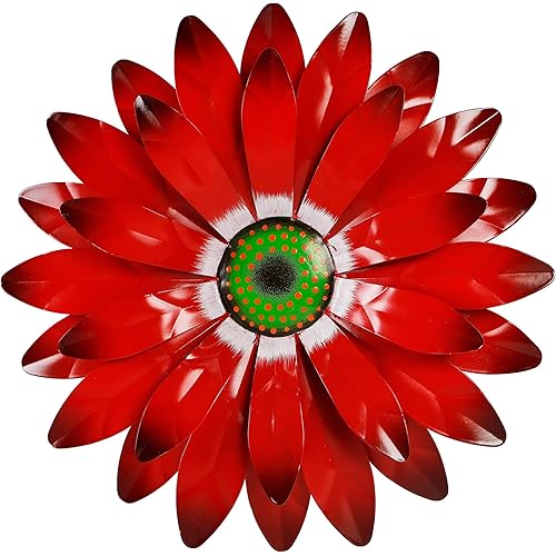 Ridota 12" Metal Flower Wall Decor, Metal Hanging Wall Art Sculpture, Metal Daisy Wall Decor for Indoor Outdoor Home Bedroom Living Room, Red