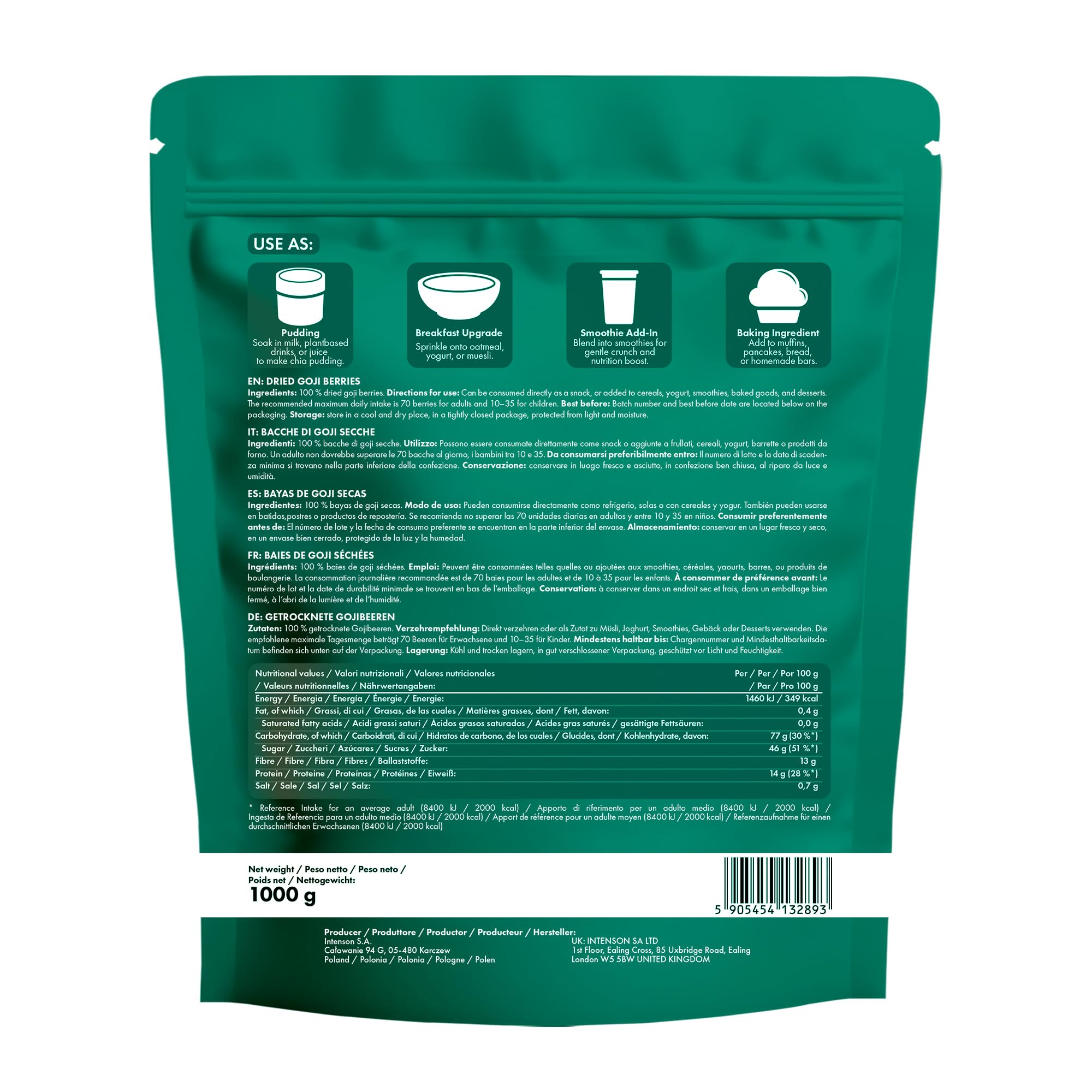 Intenson Getrocknete Gojibeeren, 1000 g, Natürlich süßes Superfood, Reich an Ballaststoffen, Antioxidantien und pflanzlichem Protein, Vegan, Glutenfrei, Ohne Zuckerzusatz (Packung mit 2)