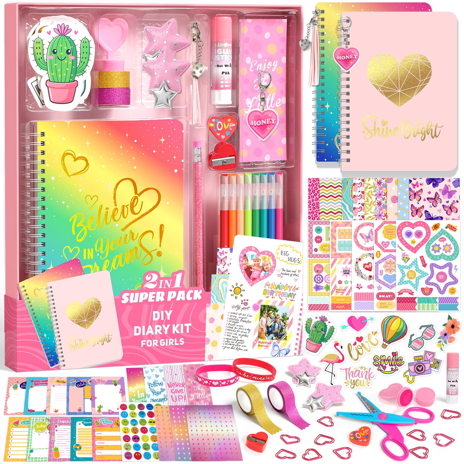 Sunrad 2-Pack Mega Journal Kit for Girls Gifts, Diary Gift for 8 9 10 11 12 13 14 Year Olds Girl, Stationery Set and Scrapbook Kit for Teen Girls, Creative Girl Gifts Ages 8-14, Art and Craft Set