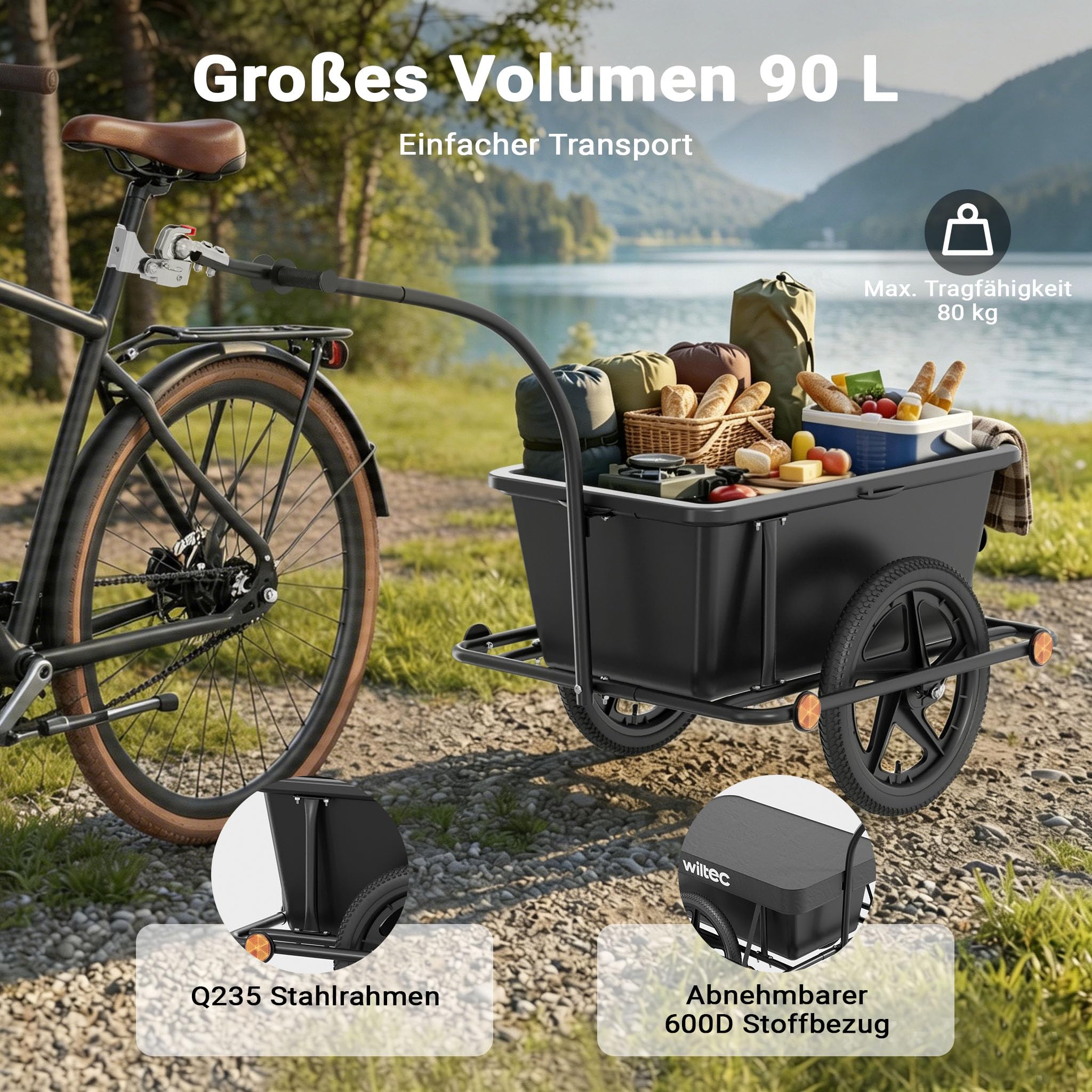 Wiltec Fahrrad Lastenanhänger 158x69x51 cm bis 80 kg, Fahrradanhänger mit 90 L Transportwanne, Kupplung und Luftreifen, Handwagen Anhänger für Fahrrad Sport & Freizeit