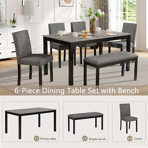 Miniatura 7 de KEIKI Juego de mesa de comedor de 6 piezas de altura estándar con mesa rectangular, 4 sillas tapizadas con respaldo curvo, banco, para 6 personas,